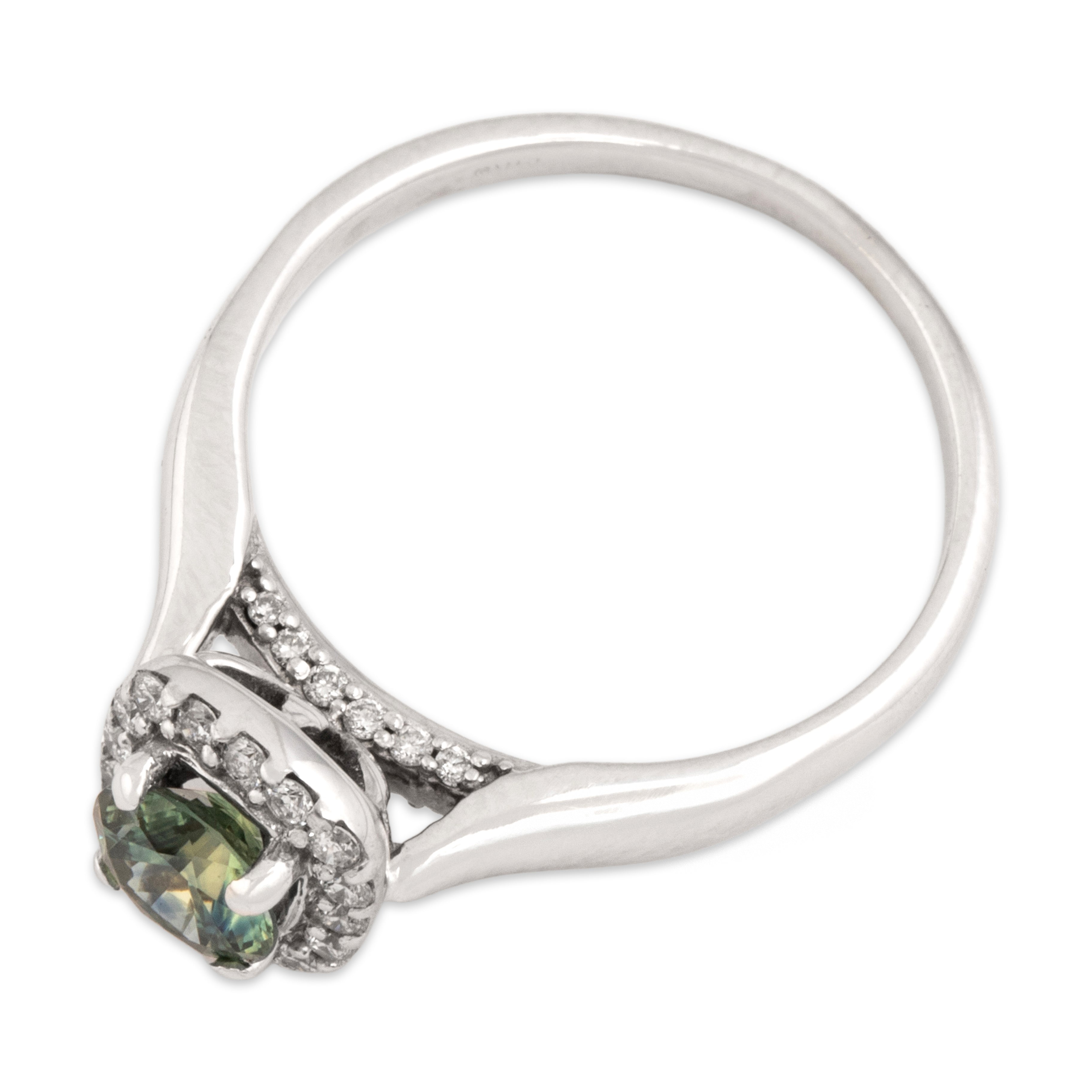 Vintage 14k White Gold .93ct Green-Blue Sapphire Diamond Dazzling Cathedral-Set Square Halo Ring - Overall view