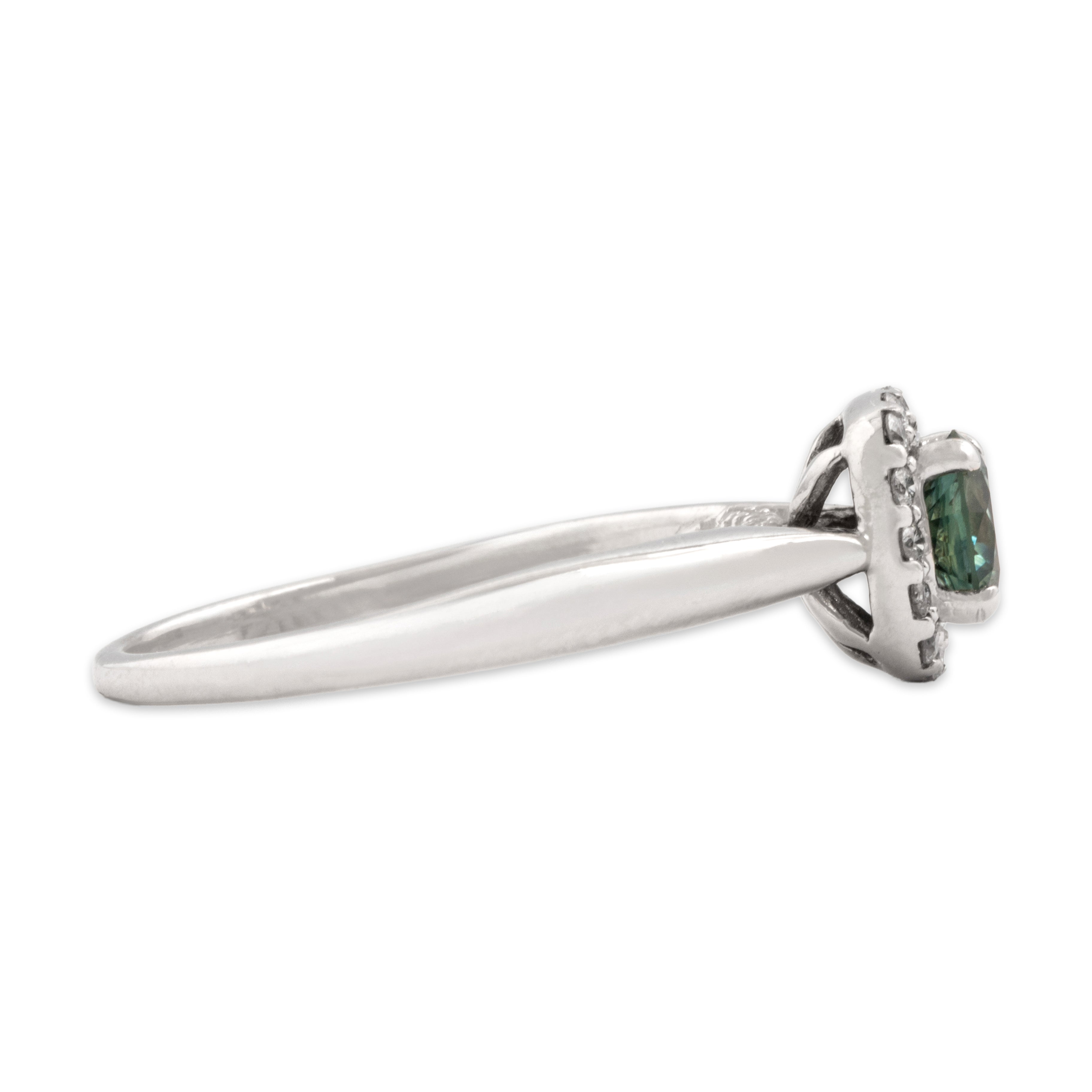 Vintage 14k White Gold .93ct Green-Blue Sapphire Diamond Dazzling Cathedral-Set Square Halo Ring - Side view