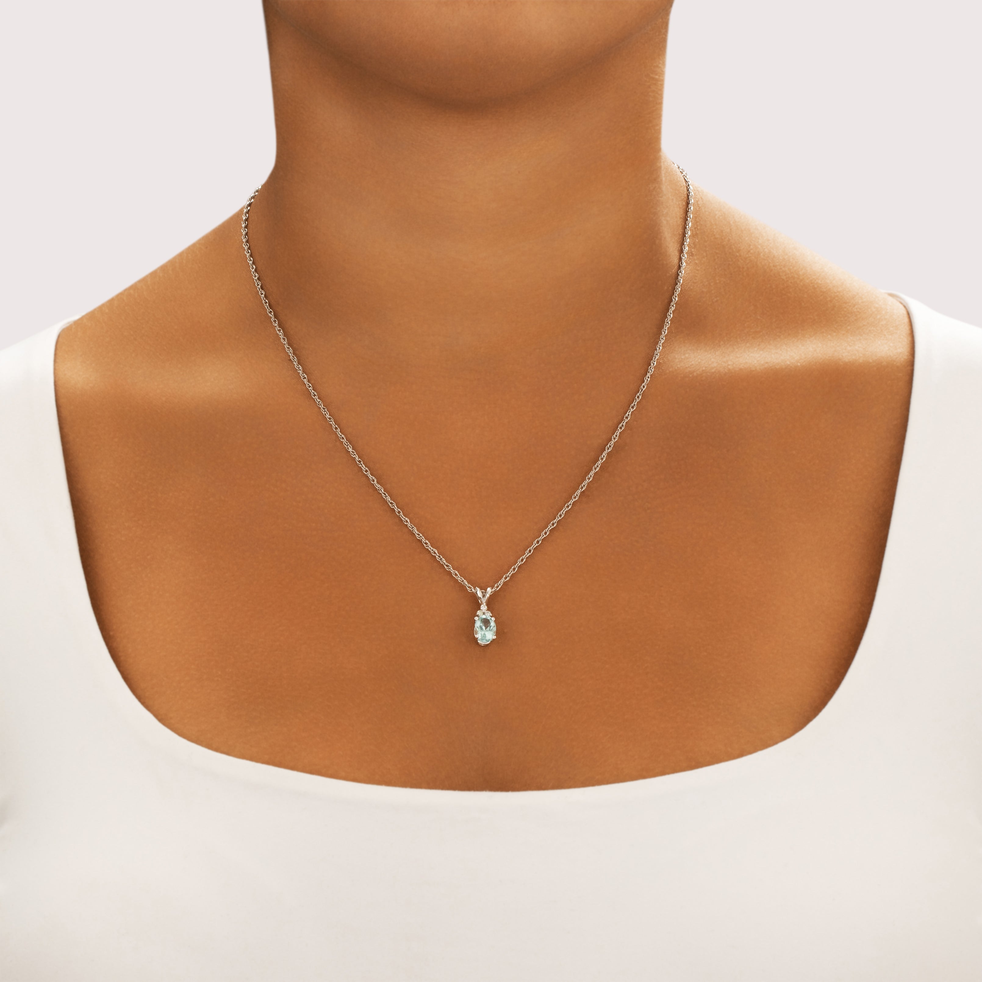 Vintage 14k White Gold 1.21ct Aquamarine Diamond Glinting Aquatic Stack Pendant - On model view