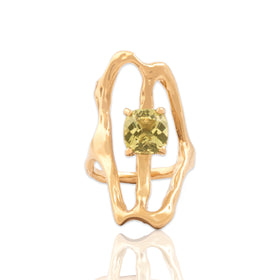 Vintage 14k Yellow Gold 2.89ct Lime Chrysoberyl Brutalist Open Form Ring 7.00