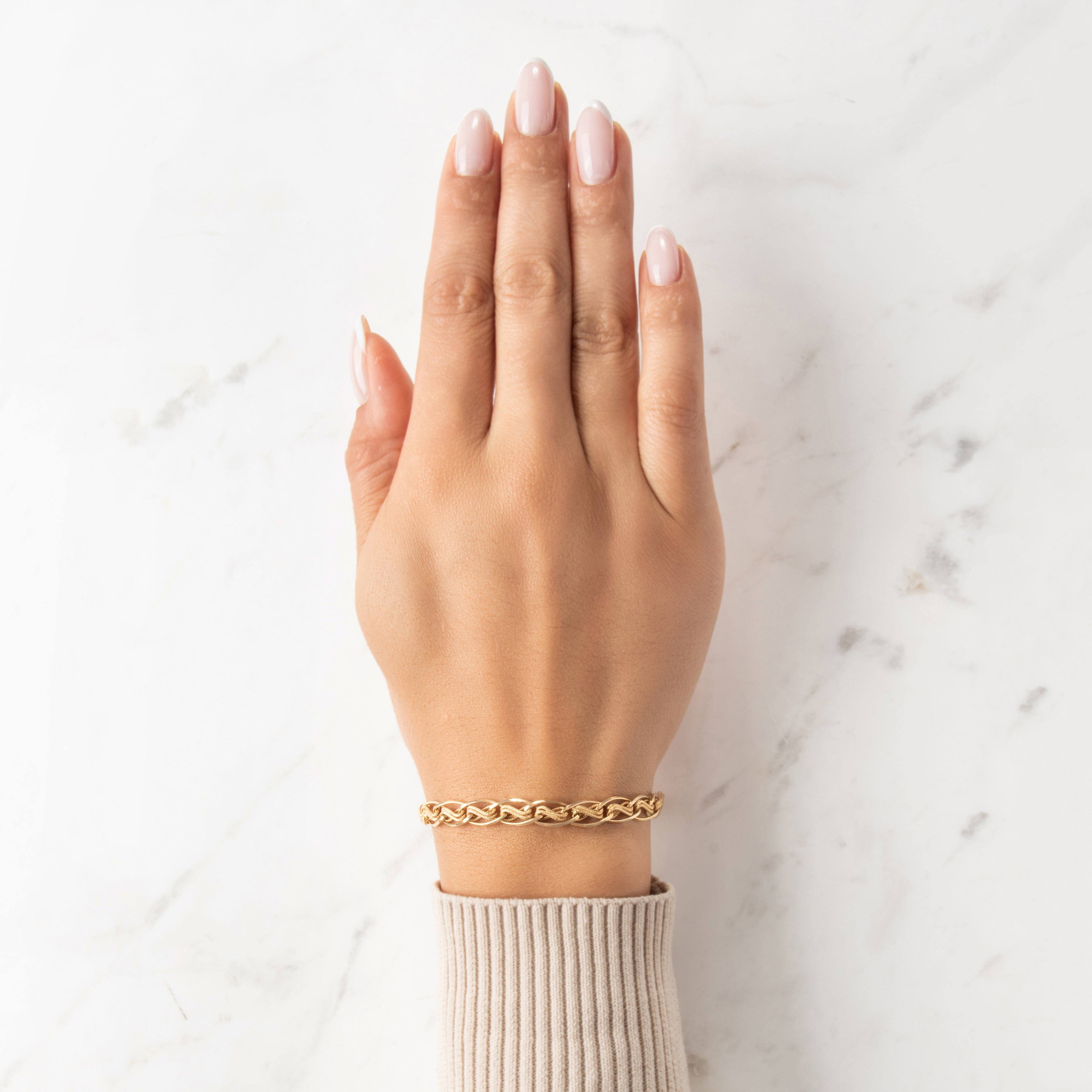 Vintage Italian 14k Yellow Gold Fantastic Textured Infinity Link Bracelet - On model view