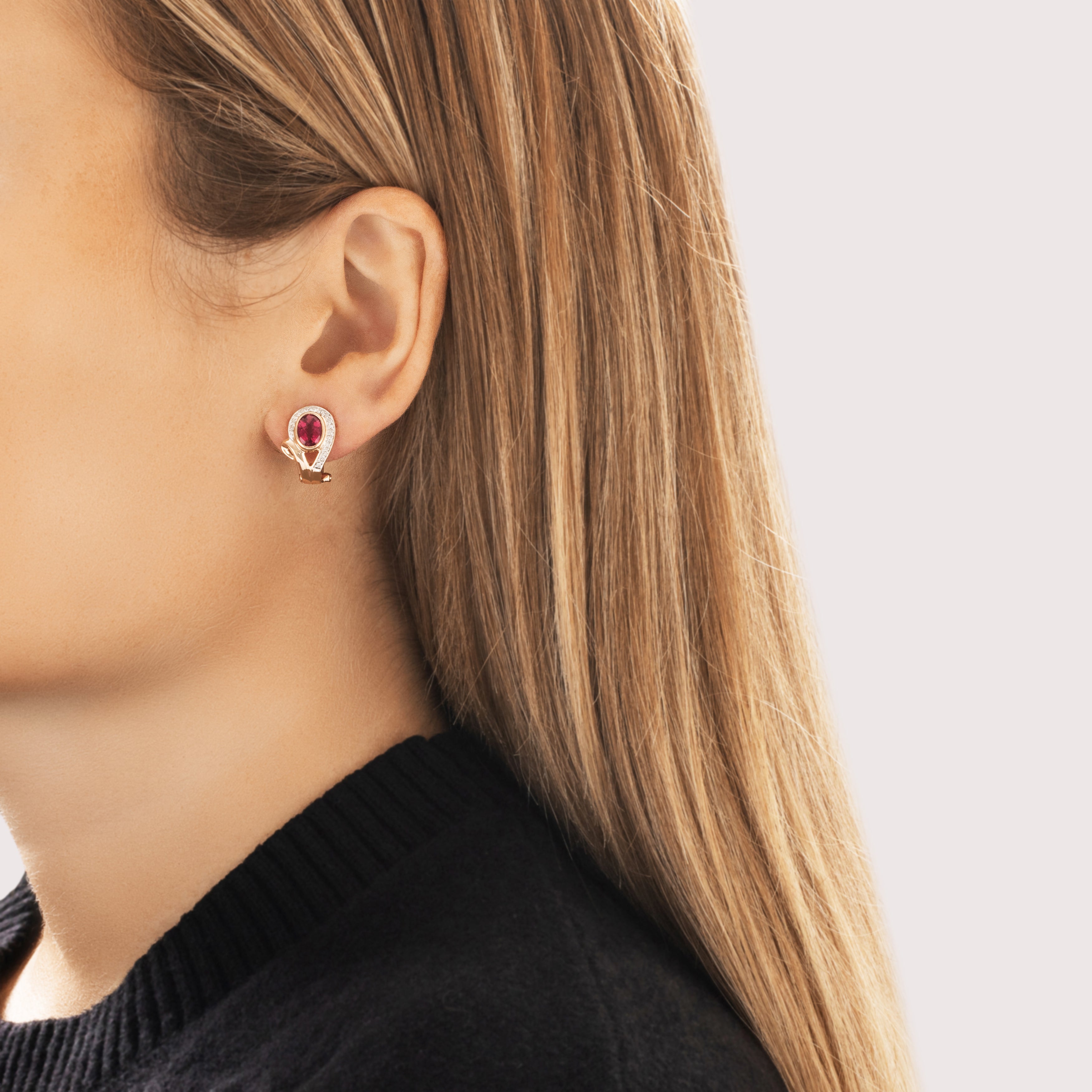 Estate 14k Rose Gold 2.43cttw Pink Tourmaline Diamond Curving Checkerboard Omega Back Earrings - On model view