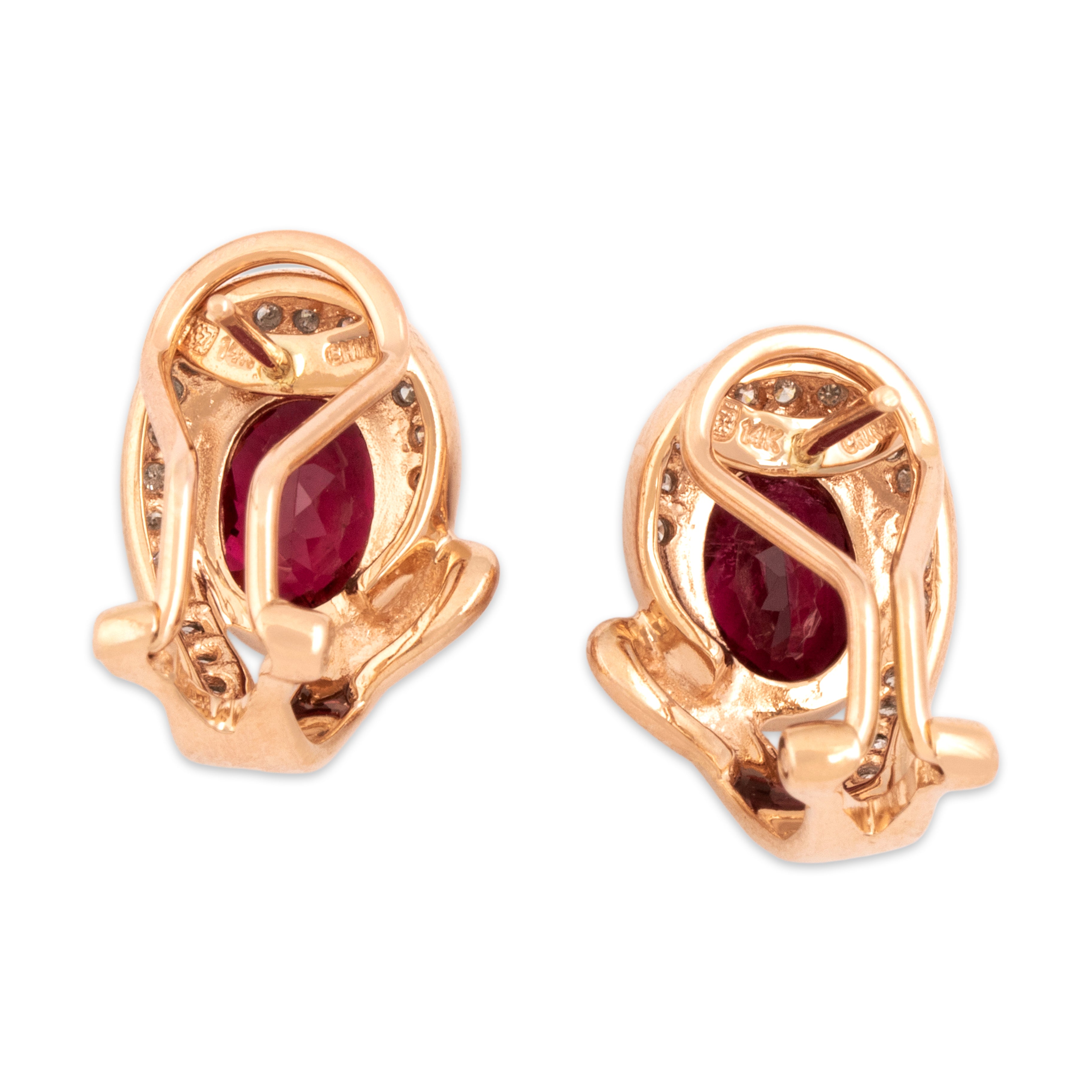 Estate 14k Rose Gold 2.43cttw Pink Tourmaline Diamond Curving Checkerboard Omega Back Earrings - Back view