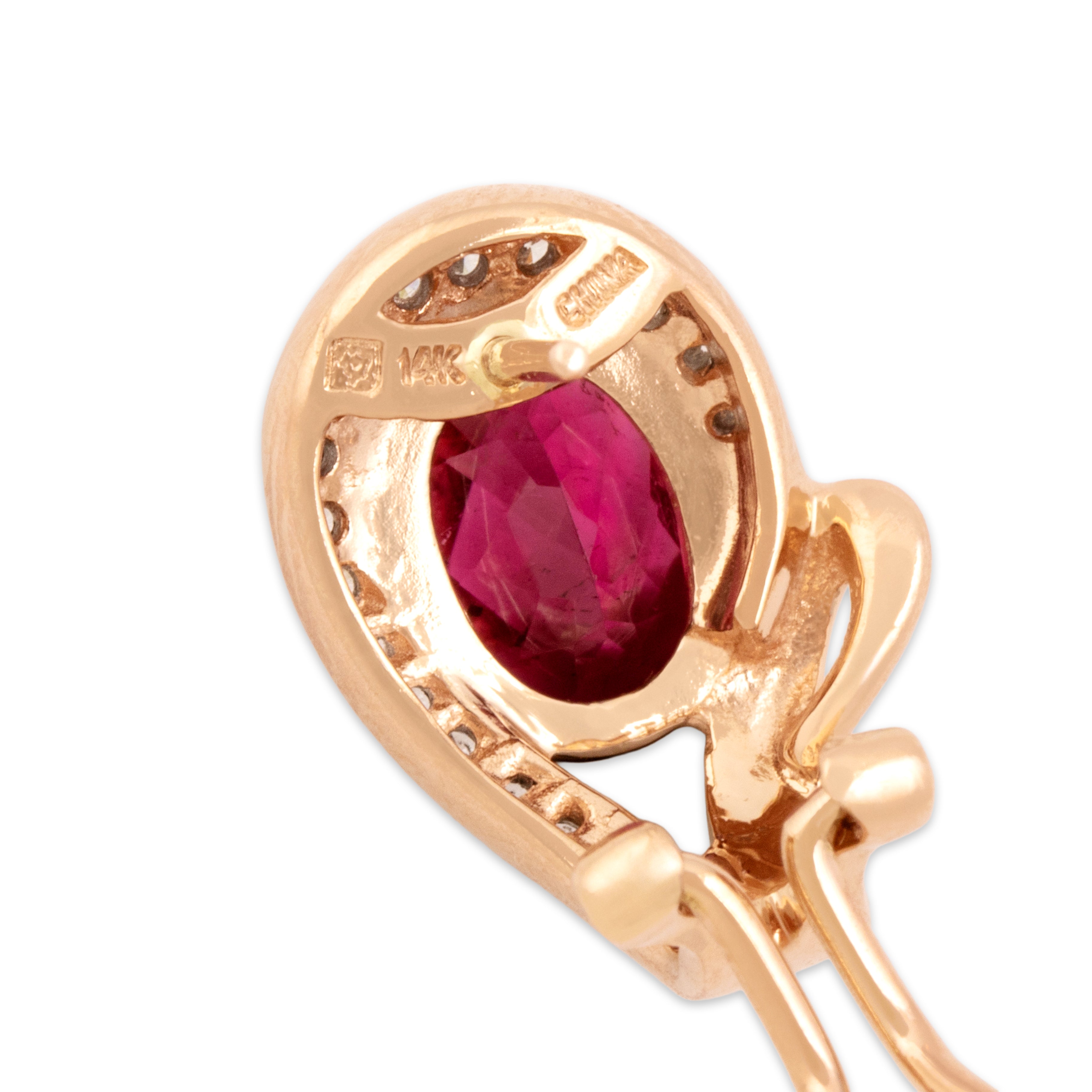 Estate 14k Rose Gold 2.43cttw Pink Tourmaline Diamond Curving Checkerboard Omega Back Earrings - Hallmark view