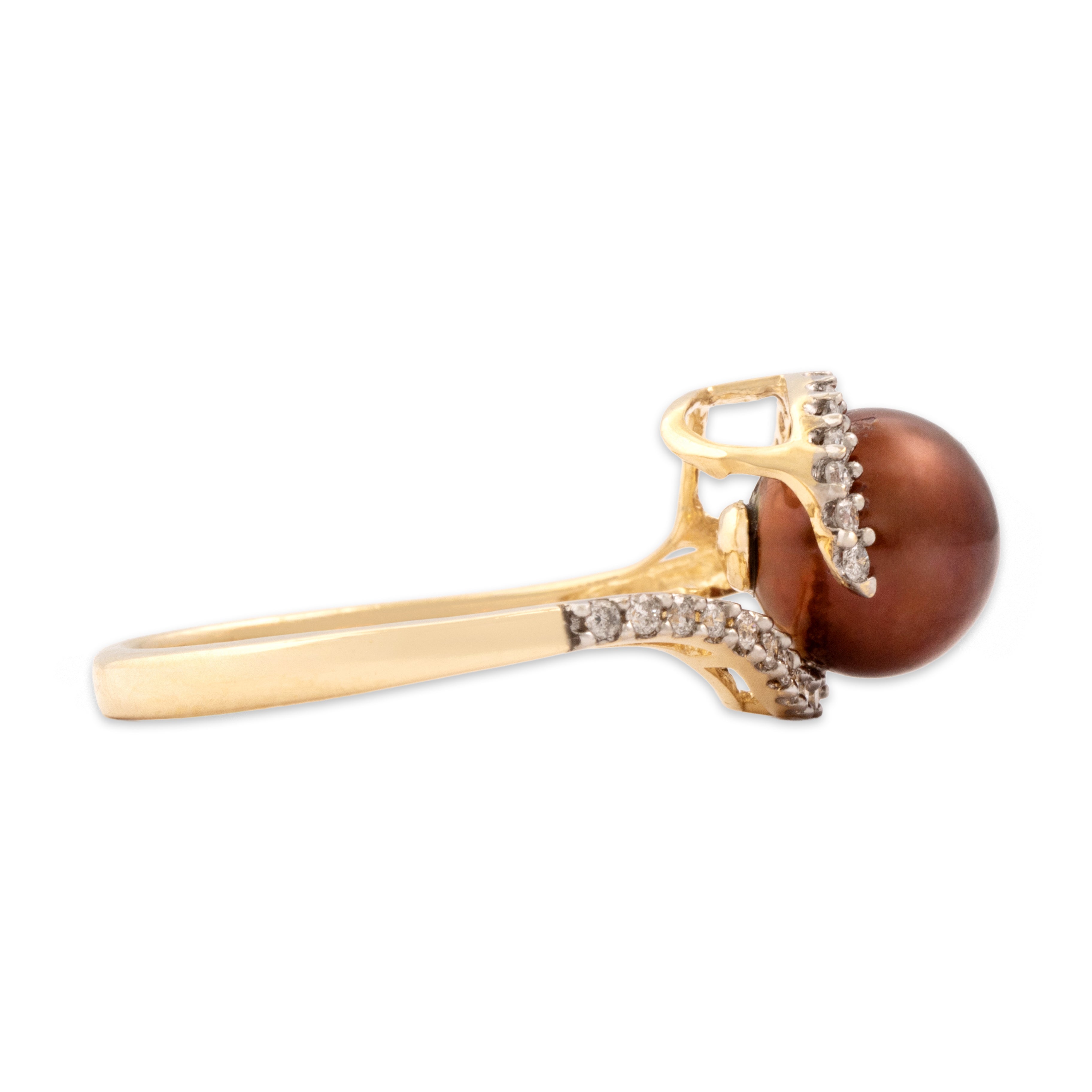 Vintage 14k Yellow Gold Diamond Chocolate Pearl Pavã© Swirl Ring - Side view