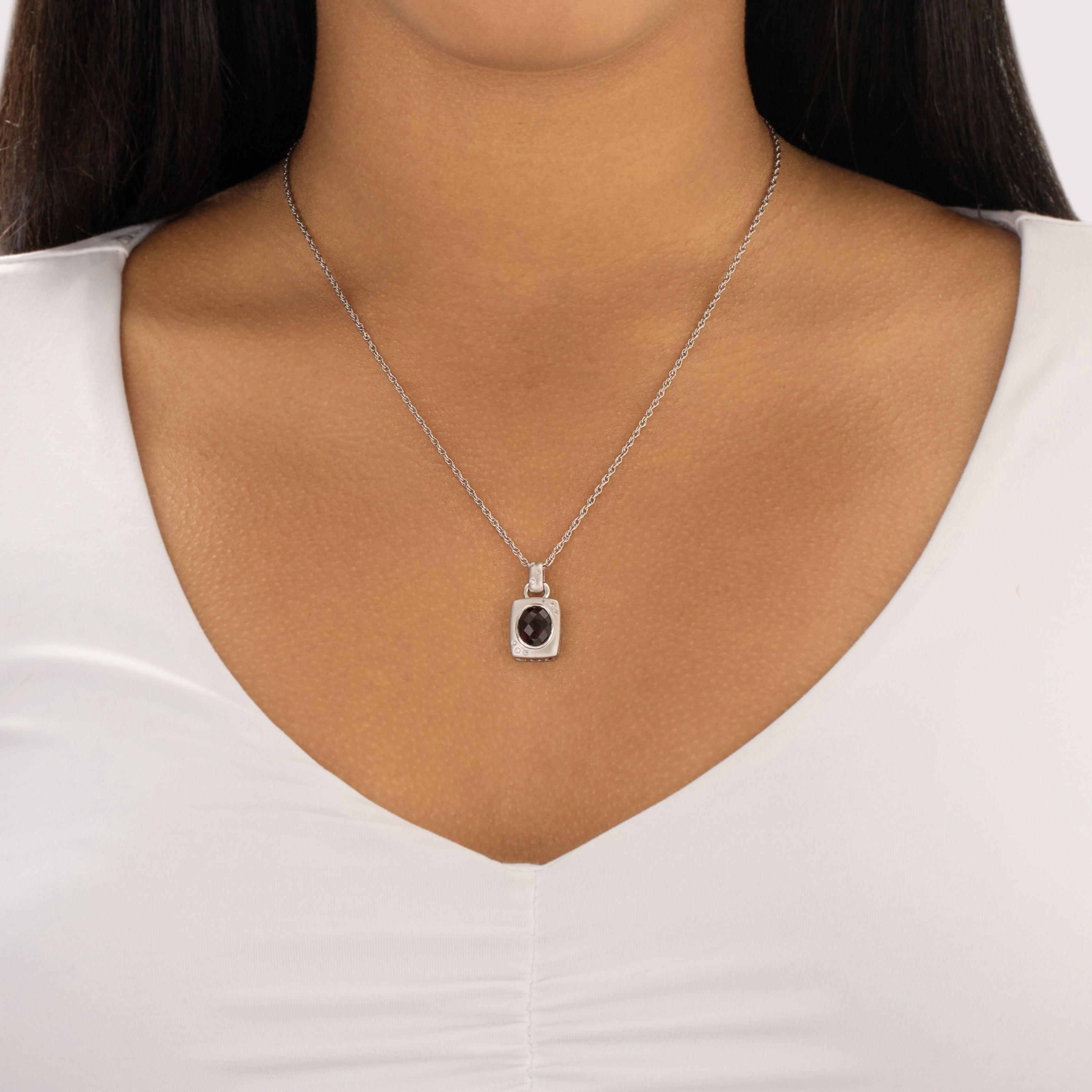 Vintage 14k White Gold 2.59ct Scarlet Garnet Diamond Satin Bezel Accent Pendant - On model view