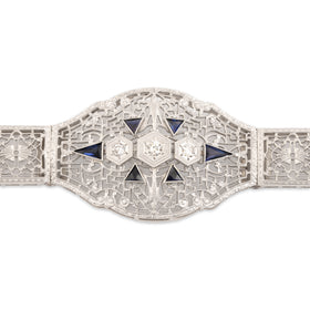 Antique 14k White & Yellow Gold Blue Synthetic Sapphire Natural Old European Diamond Bracelet 6.5"