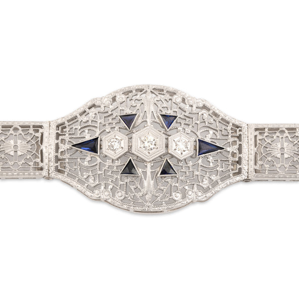 Antique 14k White & Yellow Gold Blue Synthetic Sapphire Natural Old European Diamond Bracelet 6.5"
