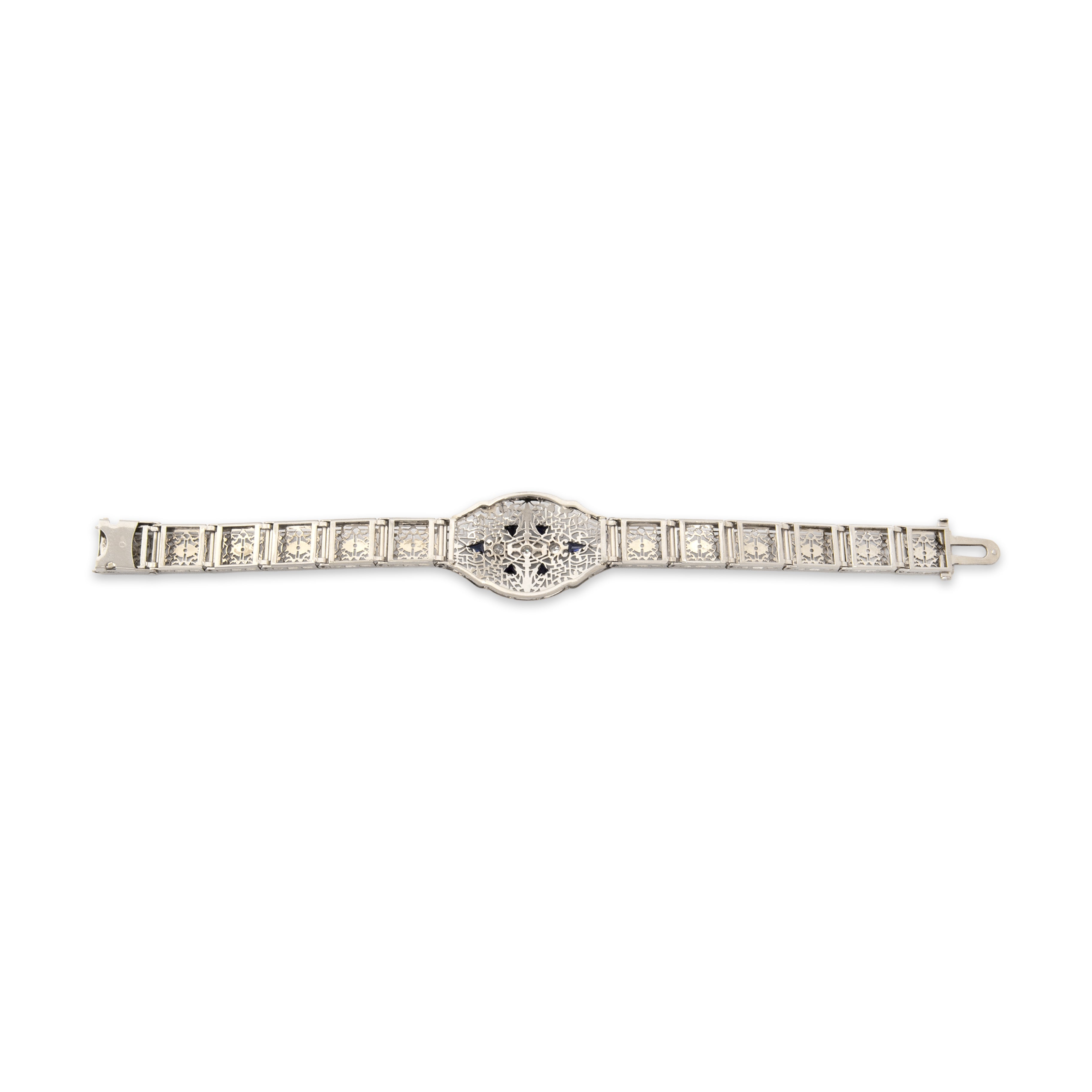Antique Art Deco 14k White & Yellow Gold .59cttw Blue Synthetic Sapphire Natural Old European Cut Diamond Superb Geometric Filigree Link Bracelet - Back view