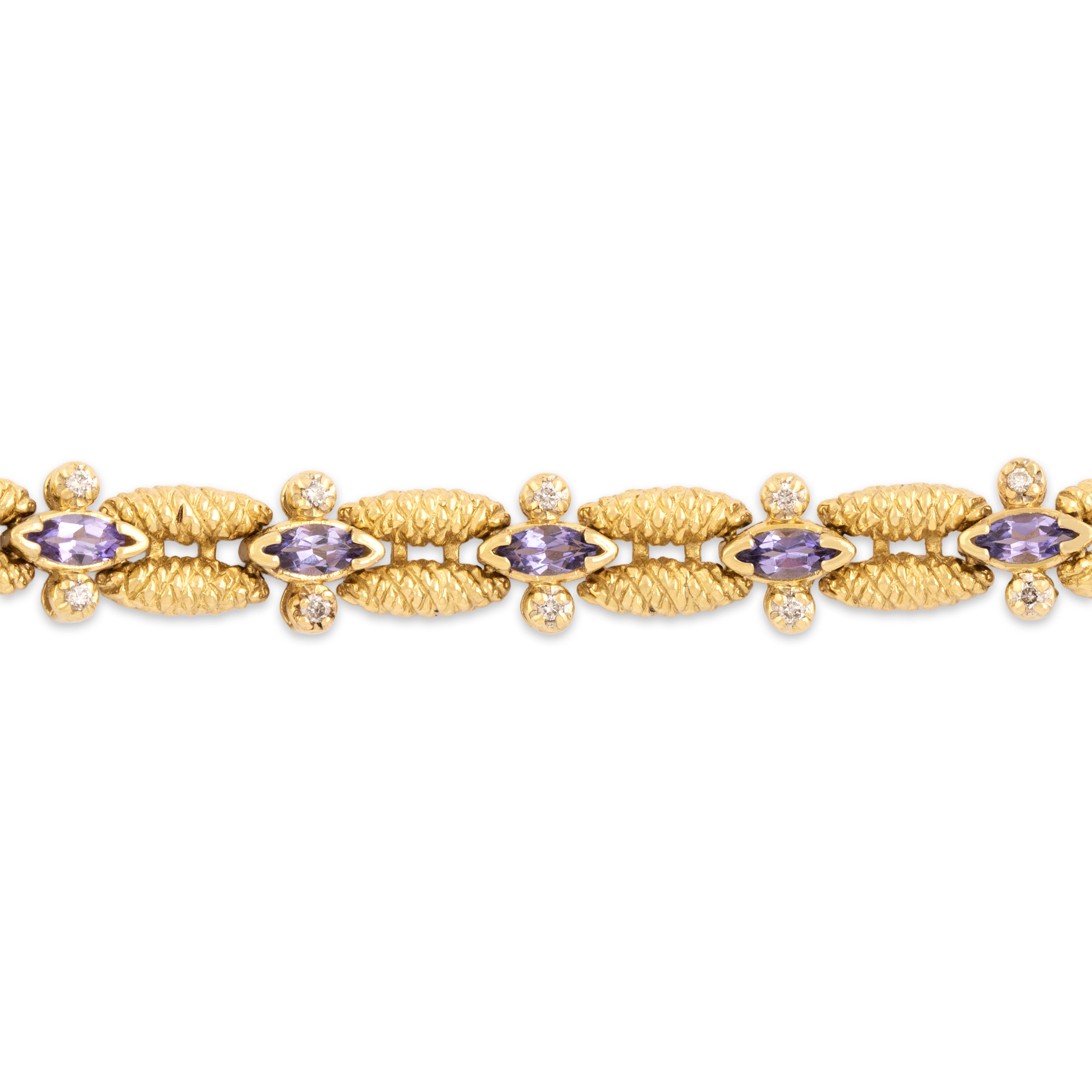 Vintage Heavy 14k Yellow Gold 1.67cttw Tanzanite Diamond Textured Link Bracelet - Close-up view