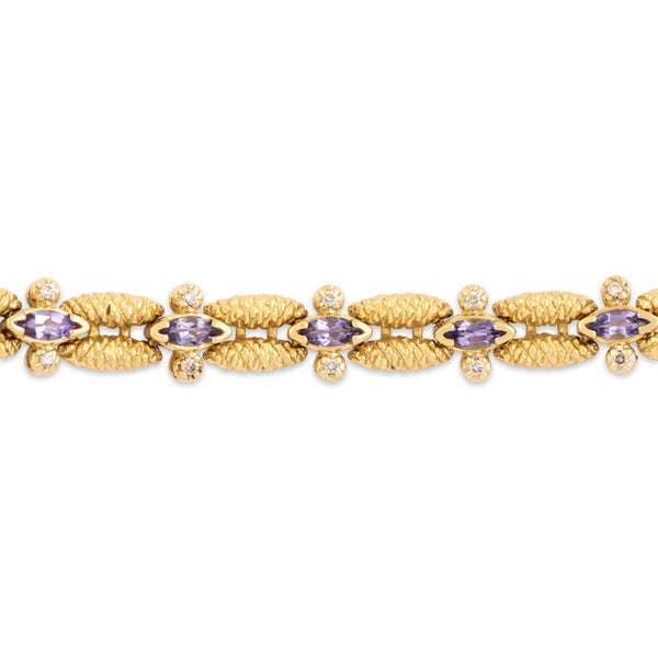 Vintage Heavy 14k Yellow Gold 1.67cttw Tanzanite Diamond Textured Bracelet 6.75