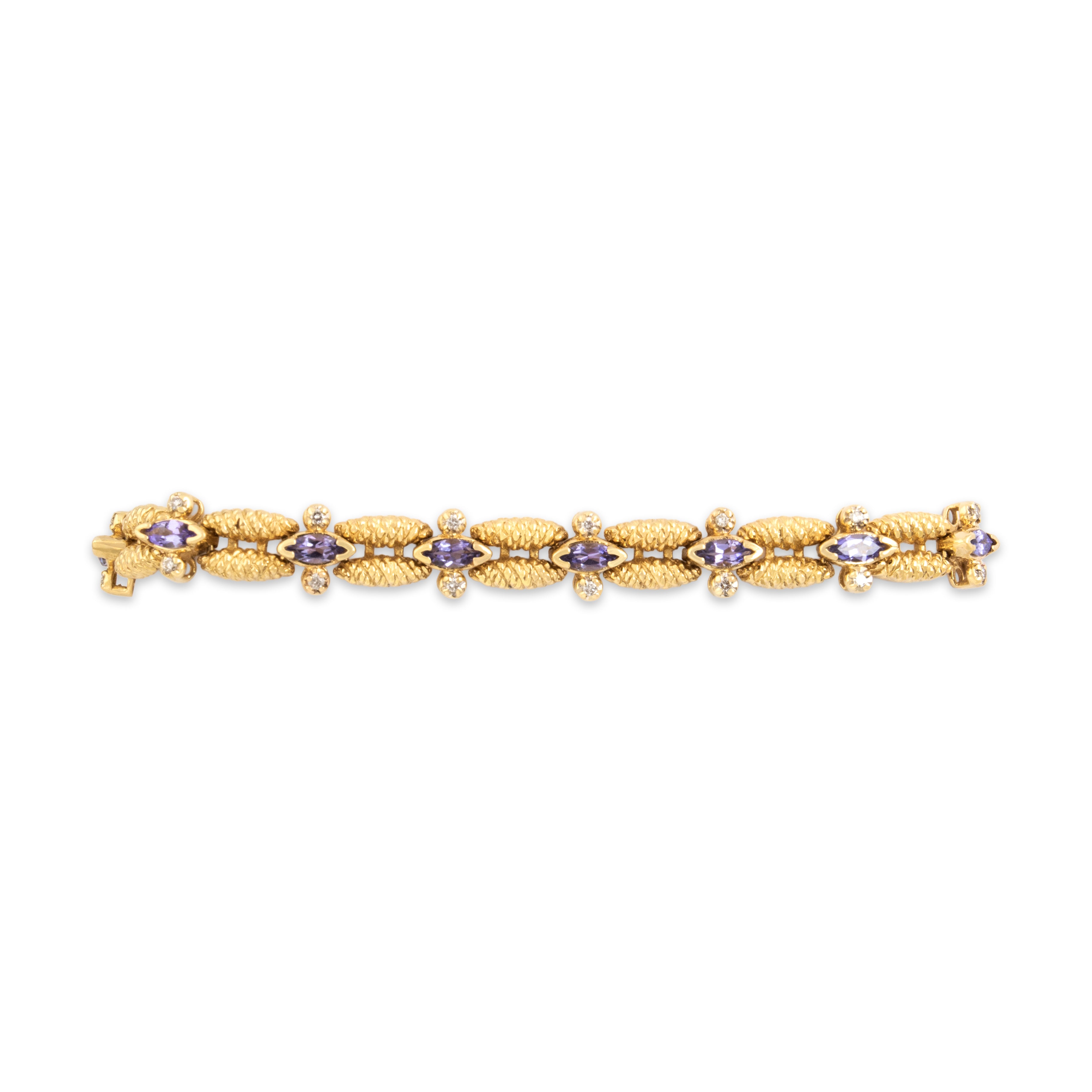 Vintage Heavy 14k Yellow Gold 1.67cttw Tanzanite Diamond Textured Link Bracelet - Overall view