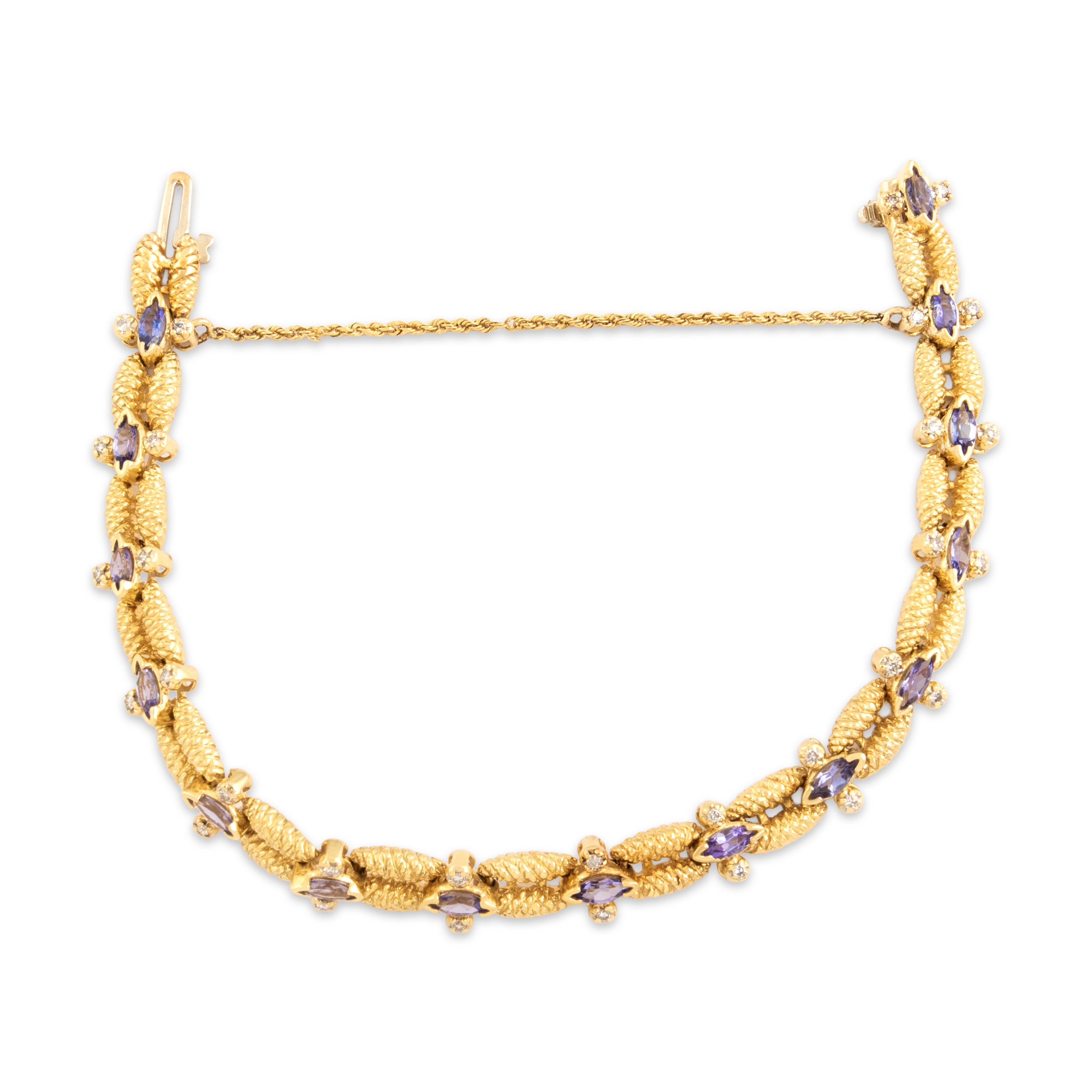 Vintage Heavy 14k Yellow Gold 1.67cttw Tanzanite Diamond Textured Link Bracelet - detail view #2