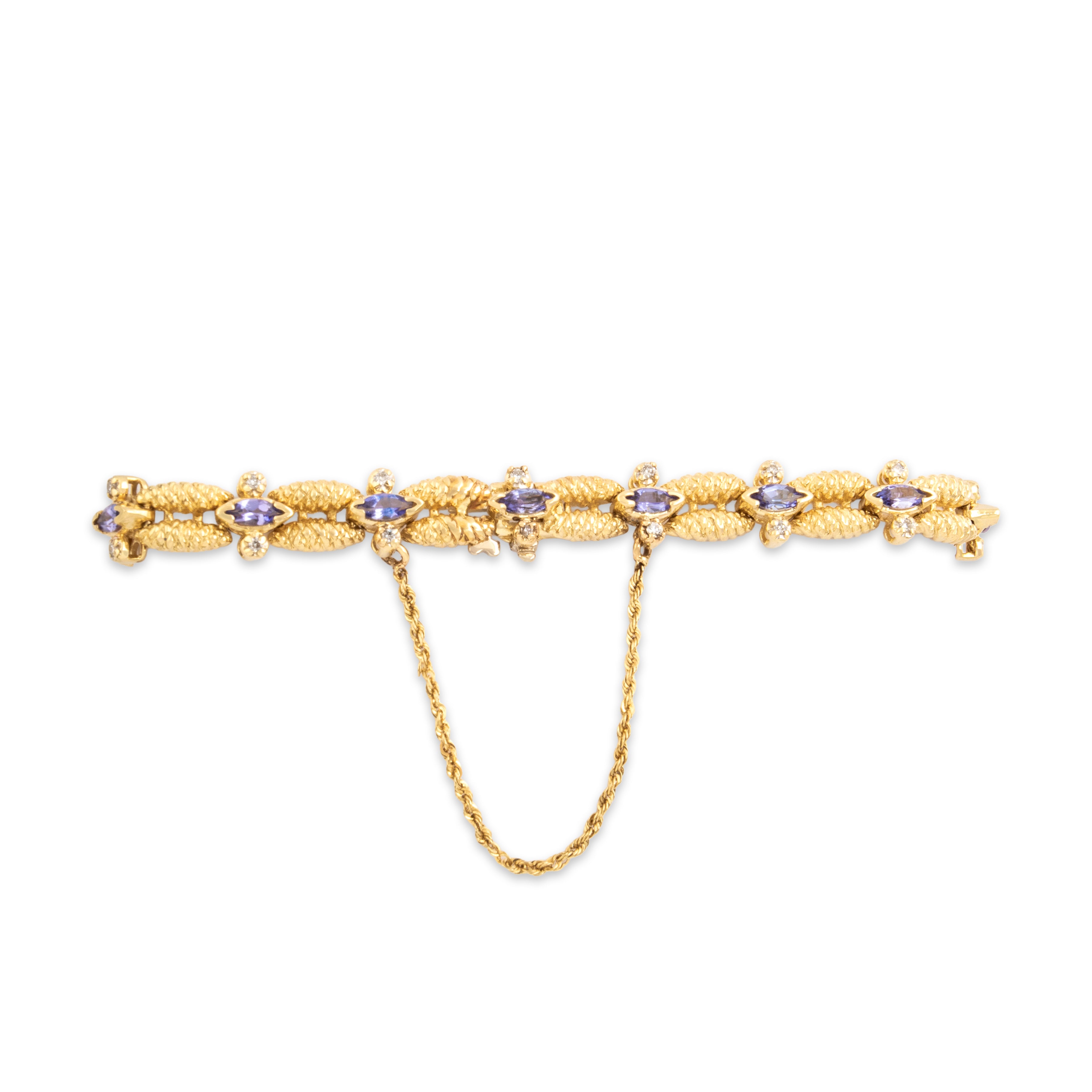 Vintage Heavy 14k Yellow Gold 1.67cttw Tanzanite Diamond Textured Link Bracelet - Overall view