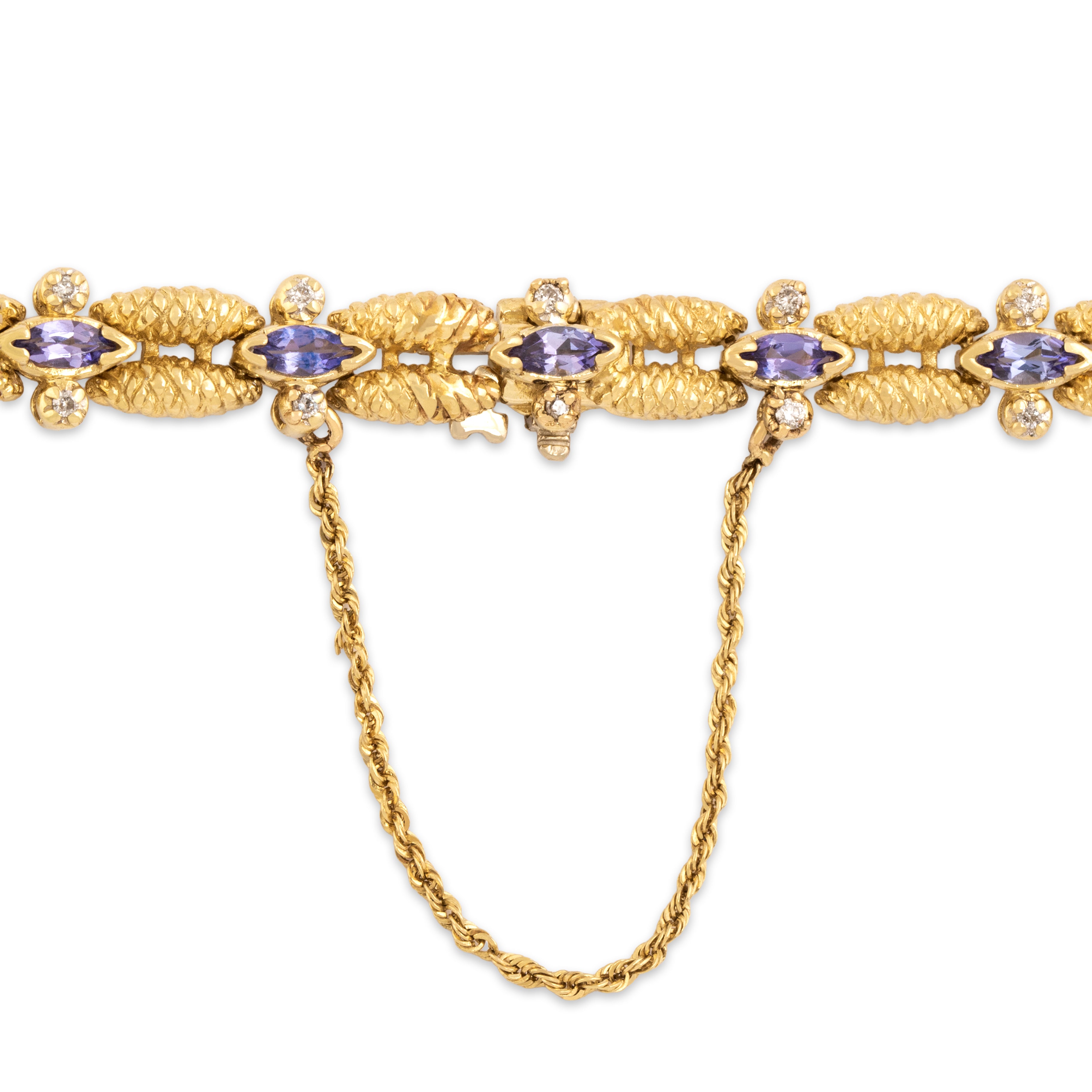 Vintage Heavy 14k Yellow Gold 1.67cttw Tanzanite Diamond Textured Link Bracelet - detail view #1
