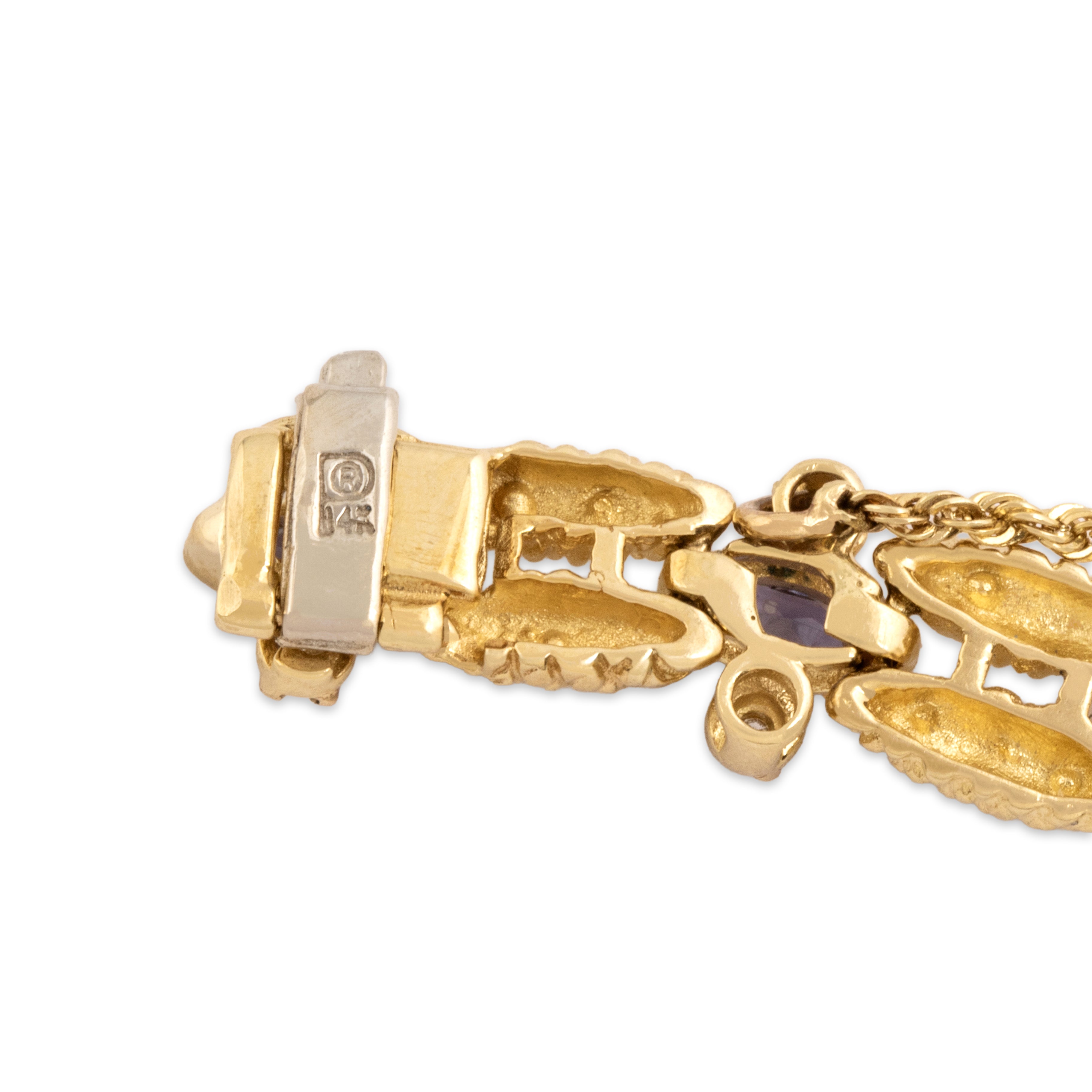 Vintage Heavy 14k Yellow Gold 1.67cttw Tanzanite Diamond Textured Link Bracelet - Hallmark view