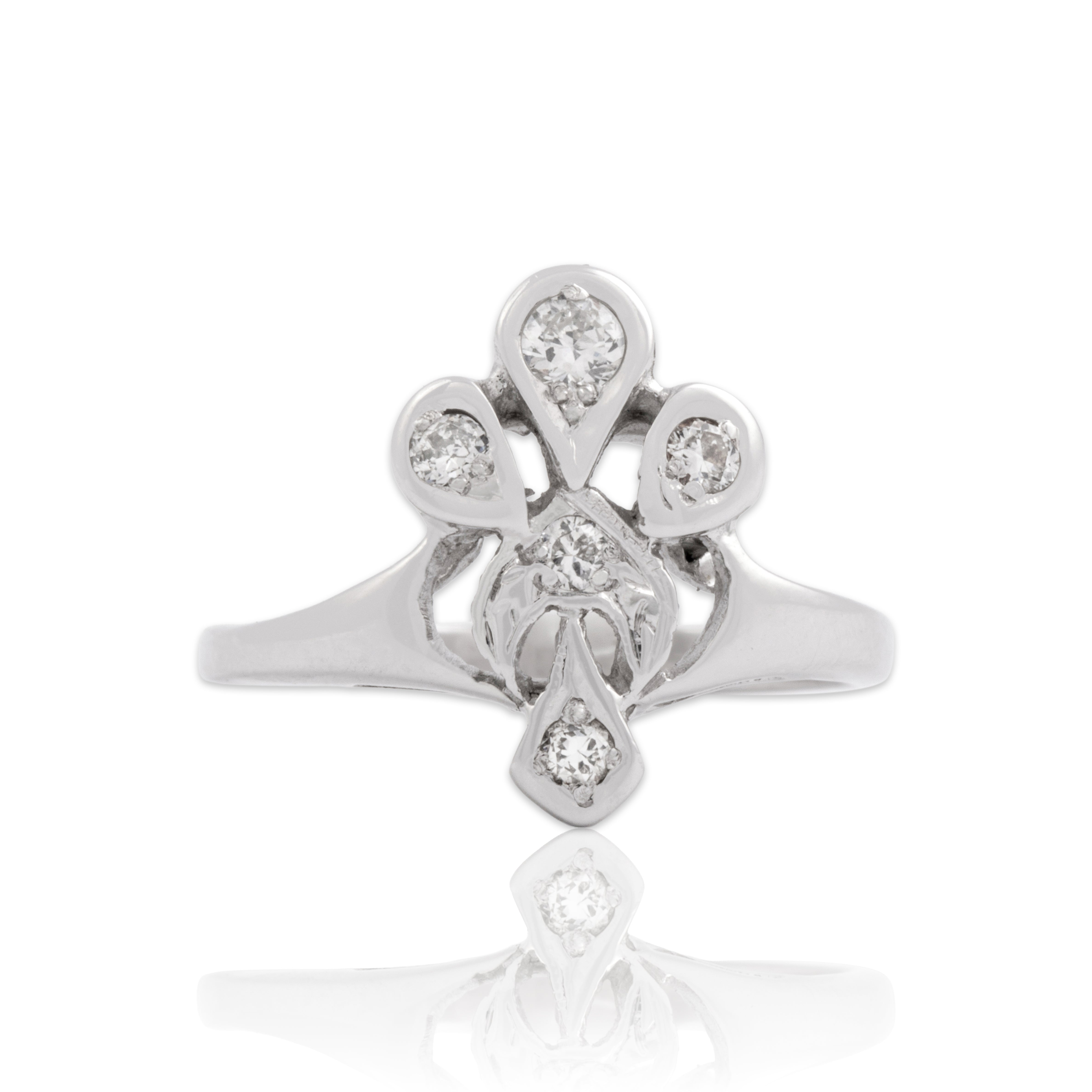 Vintage 14k White Gold Diamond Beautiful Engraved Fleur De Lis Ring - Close-up view