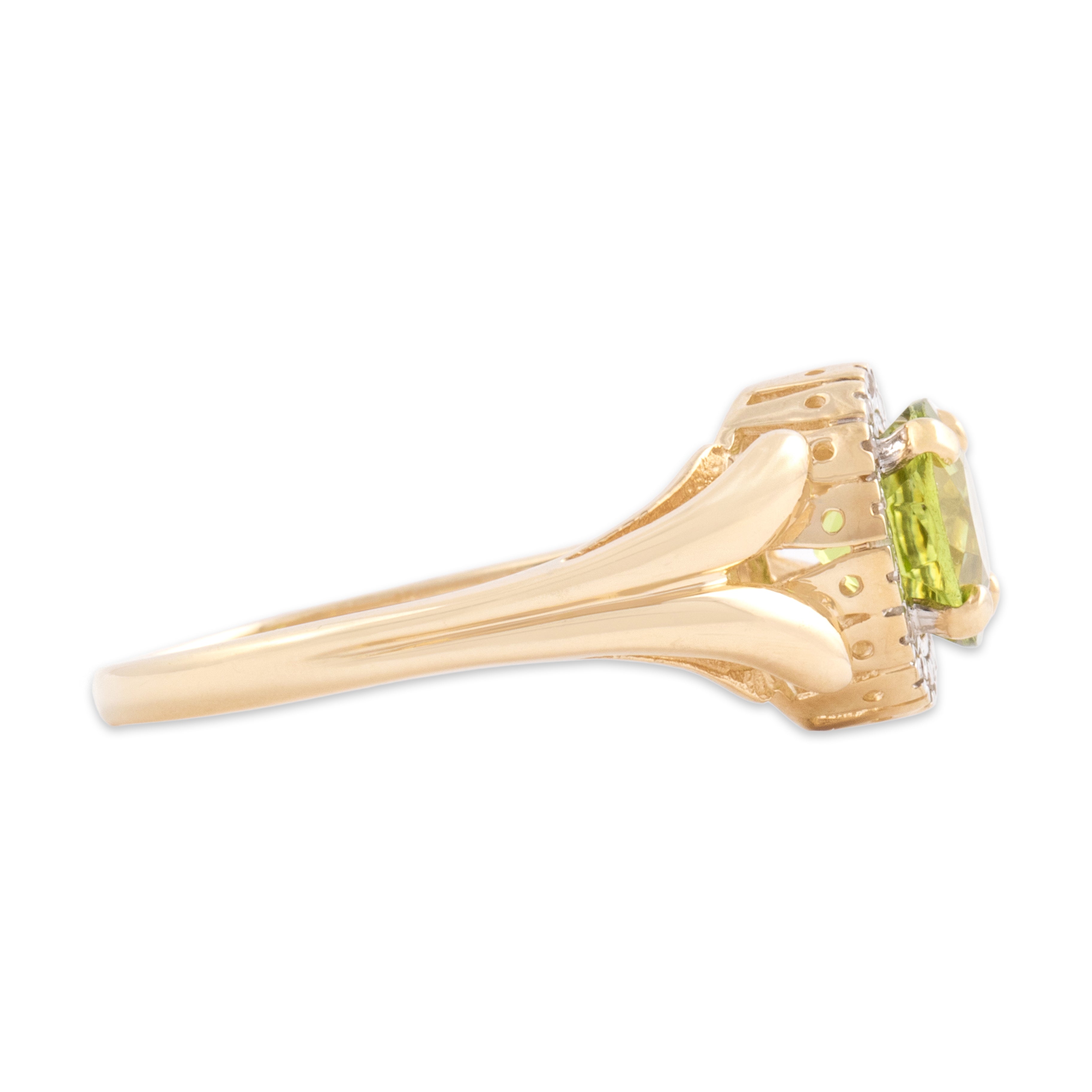 Vintage 14k Yellow Gold 1.37ct Peridot Diamond Bold Open Shoulder Halo Ring - Side view