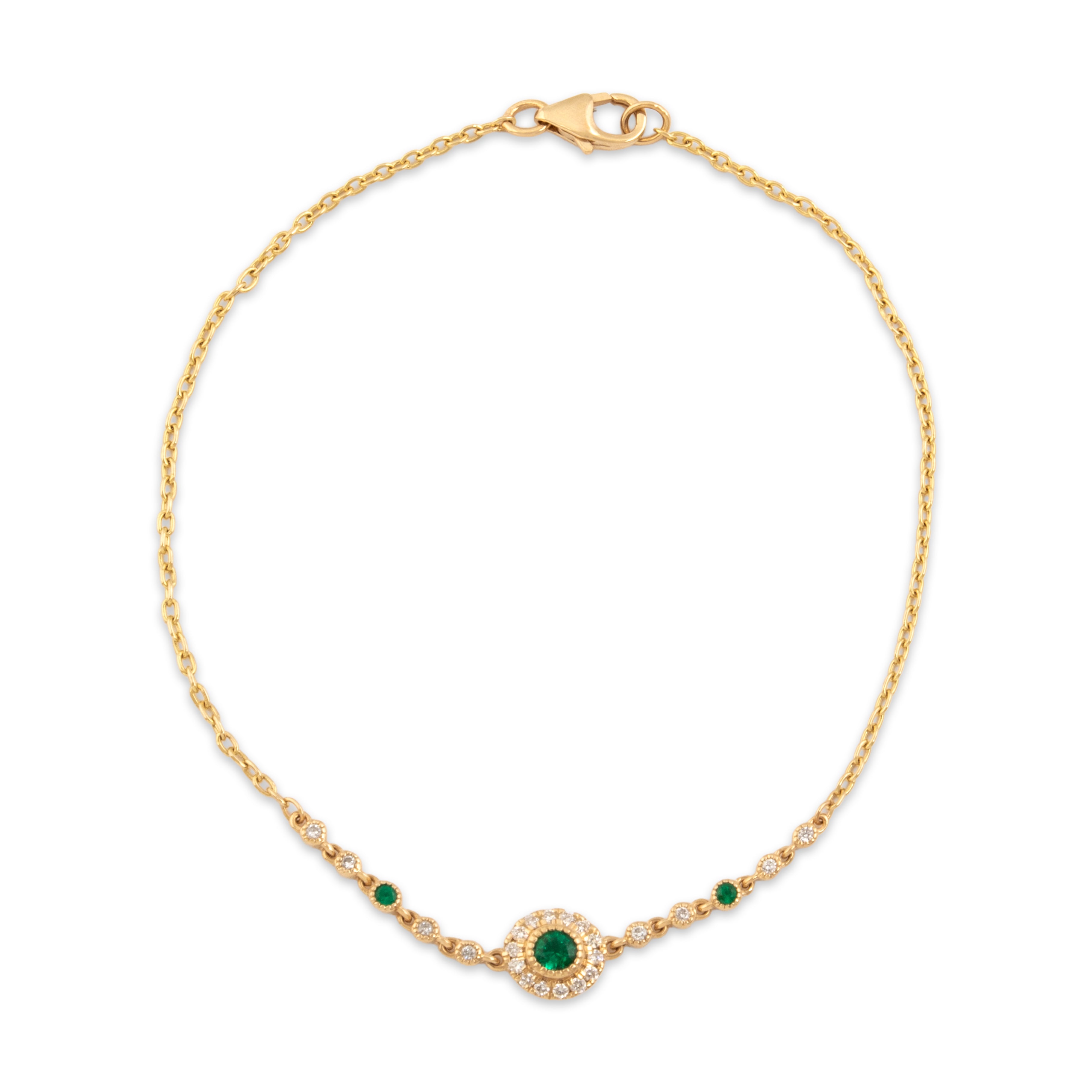 Estate 14k Yellow Gold Diamond Emerald Pretty Haloed Station Cable Link Bracelet - Overall view