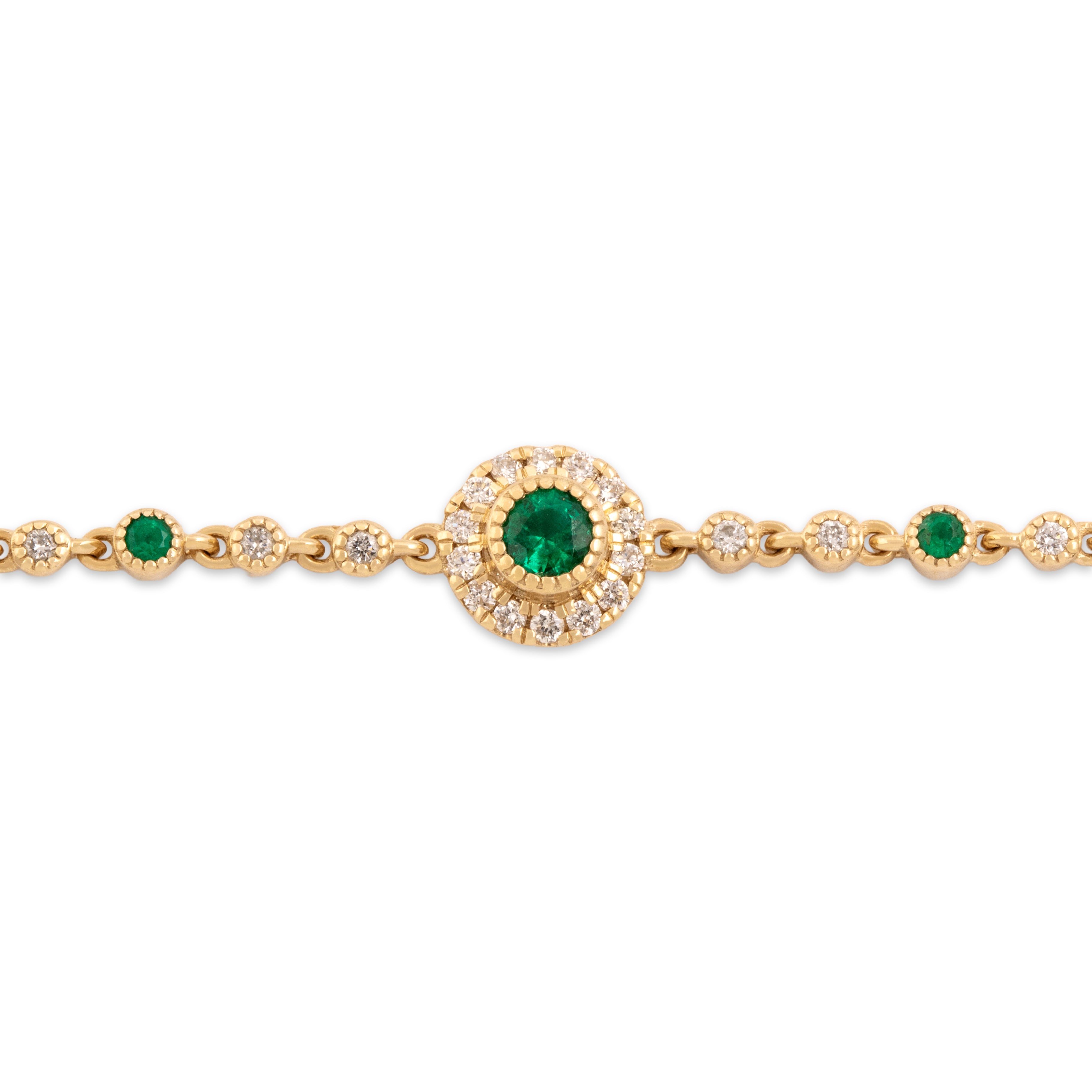 Estate 14k Yellow Gold Diamond Emerald Pretty Haloed Station Cable Link Bracelet - Close-up view