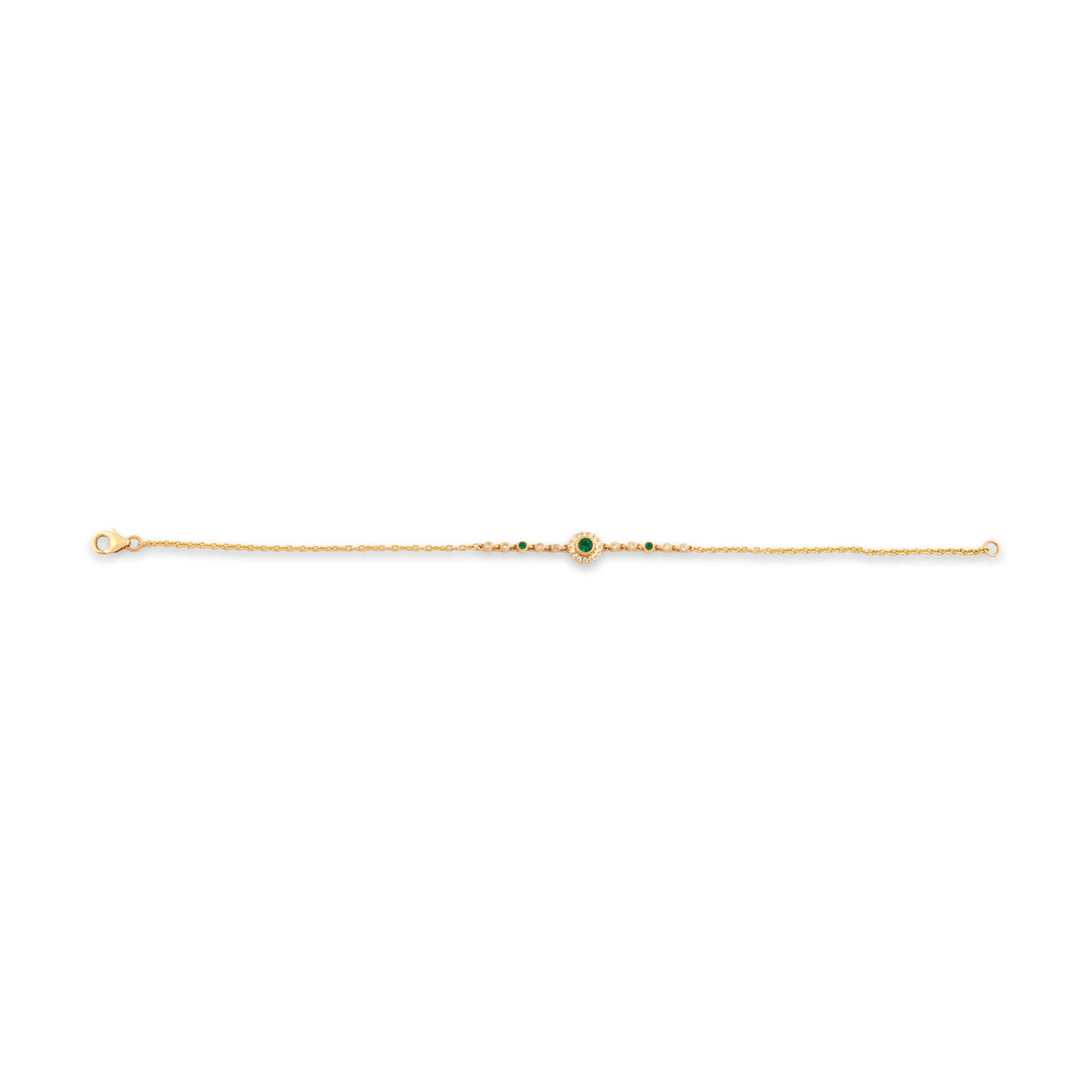 Estate 14k Yellow Gold Diamond Emerald Pretty Haloed Station Cable Link Bracelet - Overall view