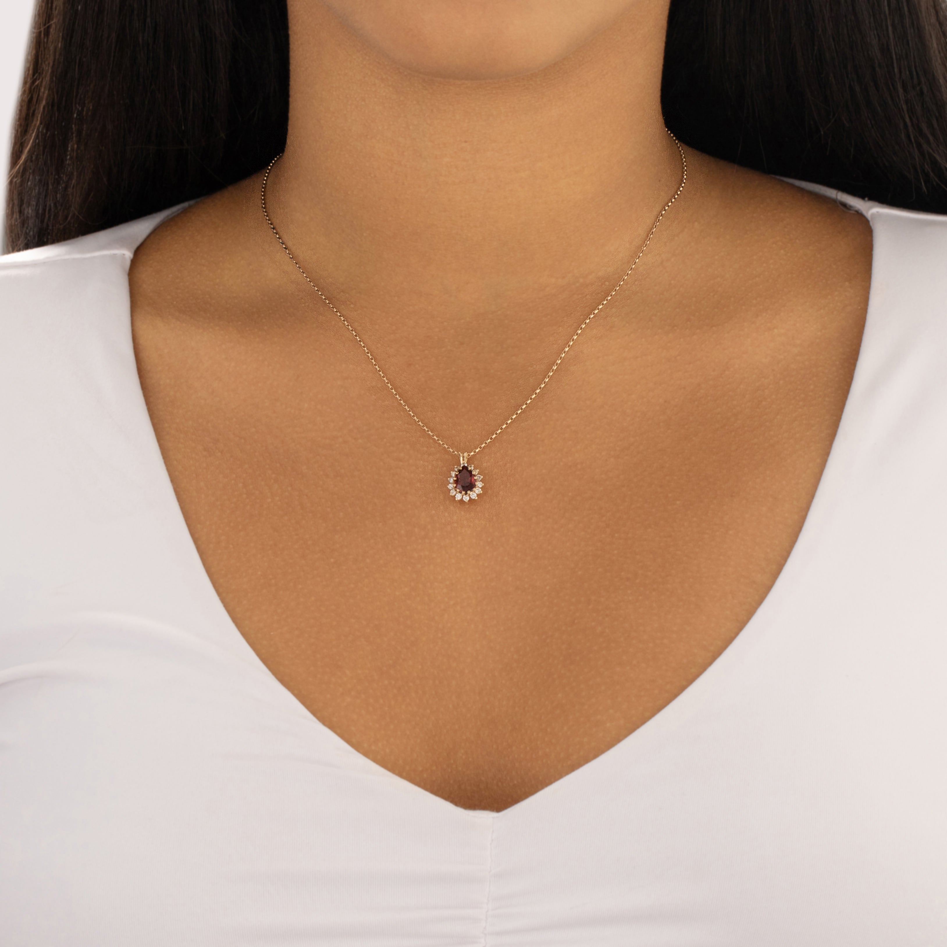 Vintage 14k Yellow Gold 1.4ct Almandine Garnet Diamond Elegant Pear Halo Pendant - On model view