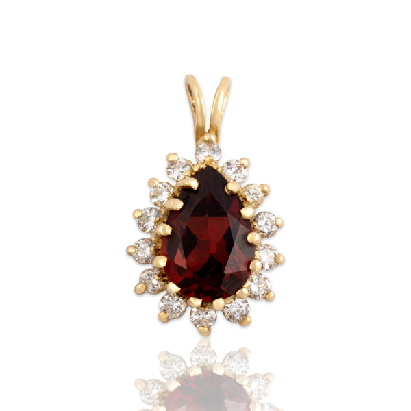 Vintage 14k Yellow Gold 1.4ct Almandine Garnet Diamond Elegant Pear Halo Pendant