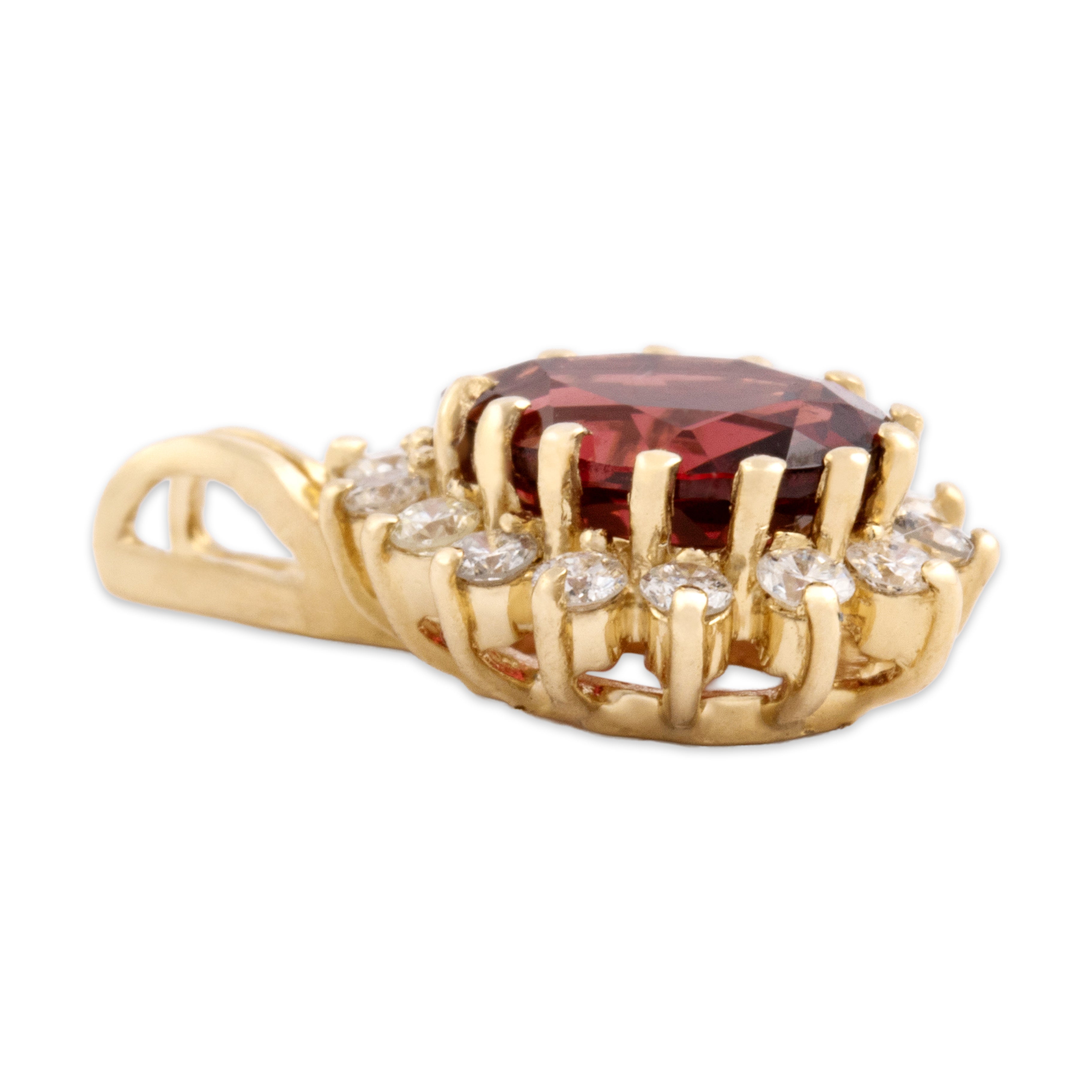 Vintage 14k Yellow Gold 1.4ct Almandine Garnet Diamond Elegant Pear Halo Pendant - Side view