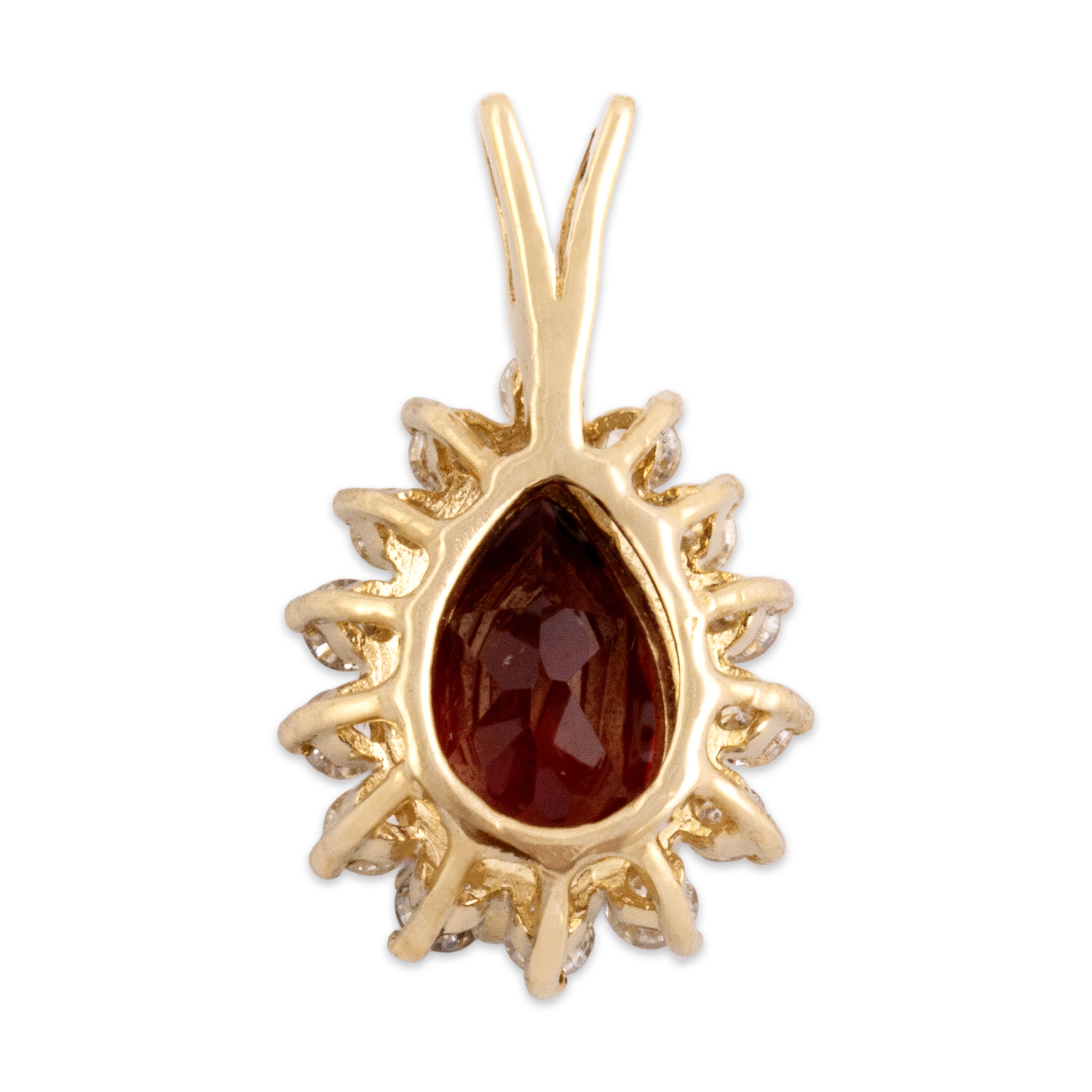 Vintage 14k Yellow Gold 1.4ct Almandine Garnet Diamond Elegant Pear Halo Pendant - Back view