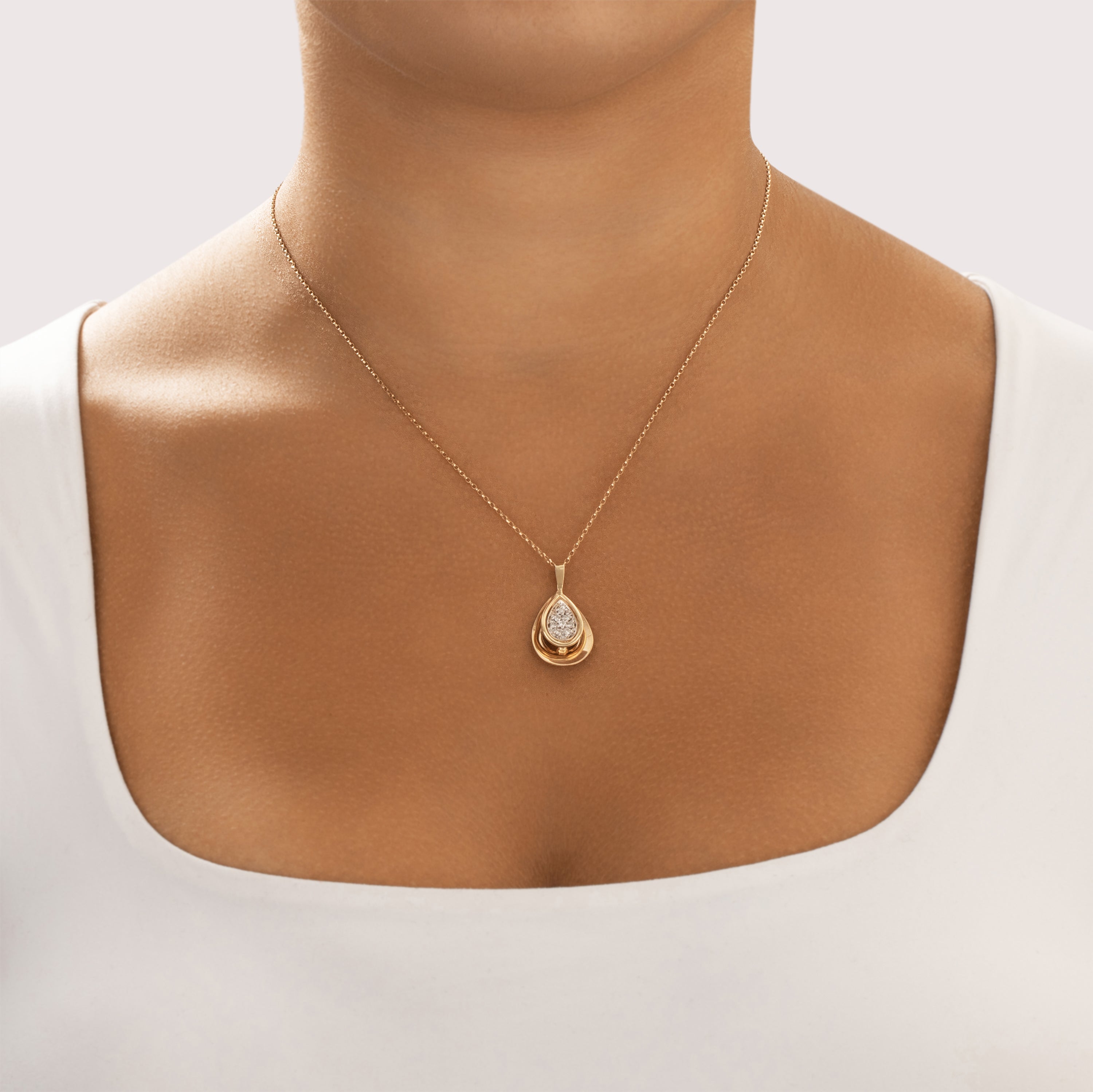Vintage 14k Yellow & White Gold Diamond Dazzling Dimensional Teardrop Pendant - On model view
