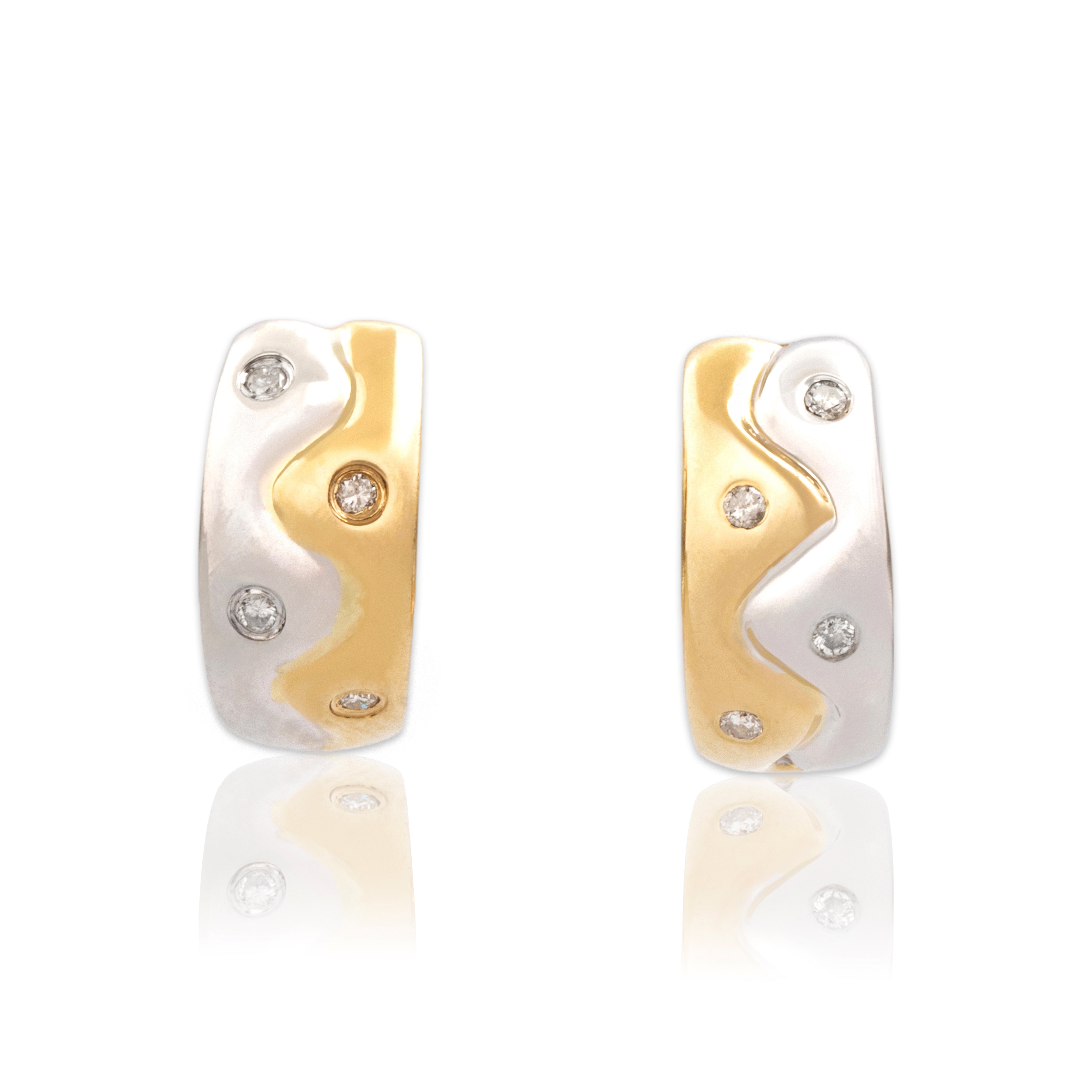 Vintage Small 14k Yellow & White Gold Diamond Chic Wave Hoop Earrings - Close-up view