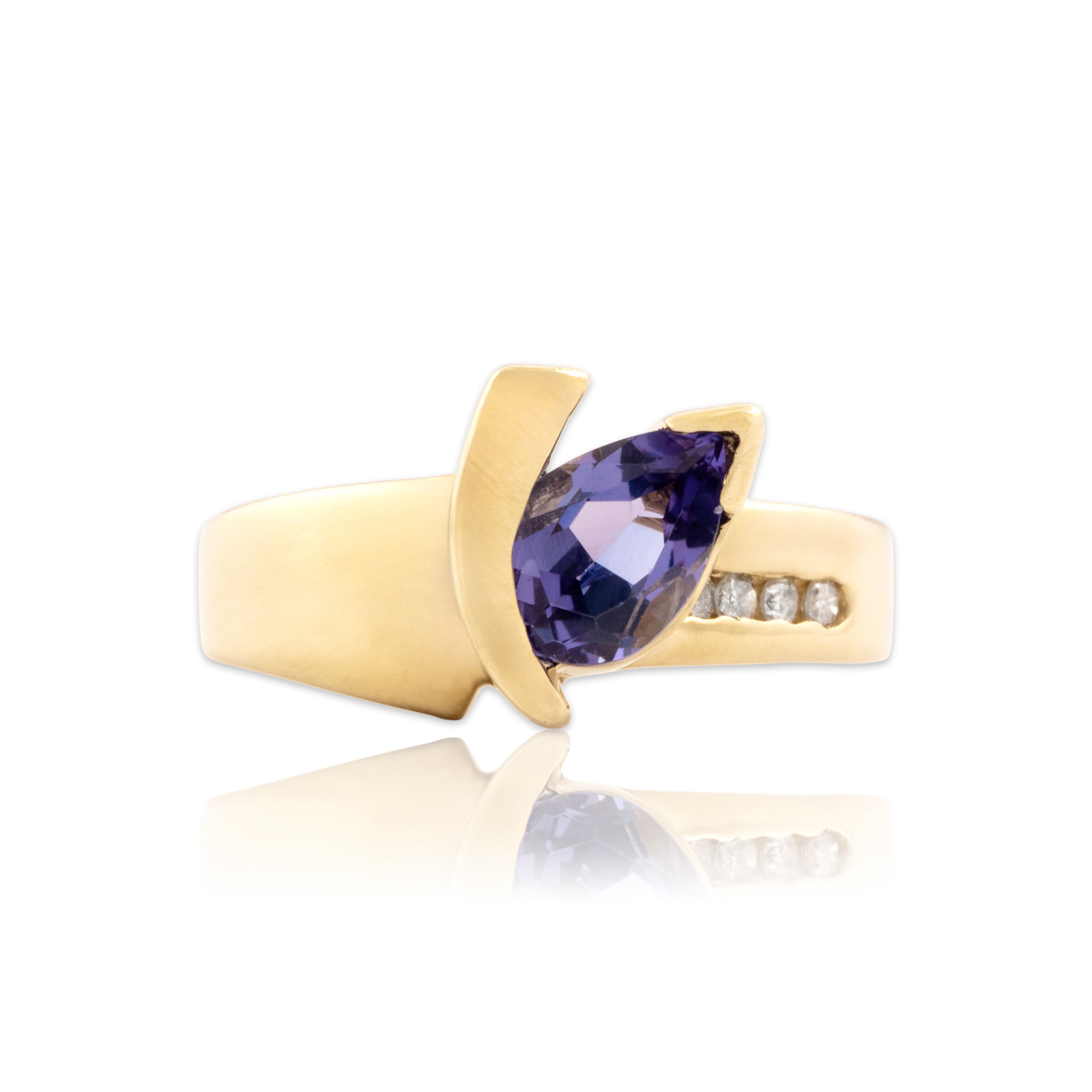 Vintage 14k Yellow Gold .94ct Tanzanite Diamond Funky Diagonal Pear Ring 6.00