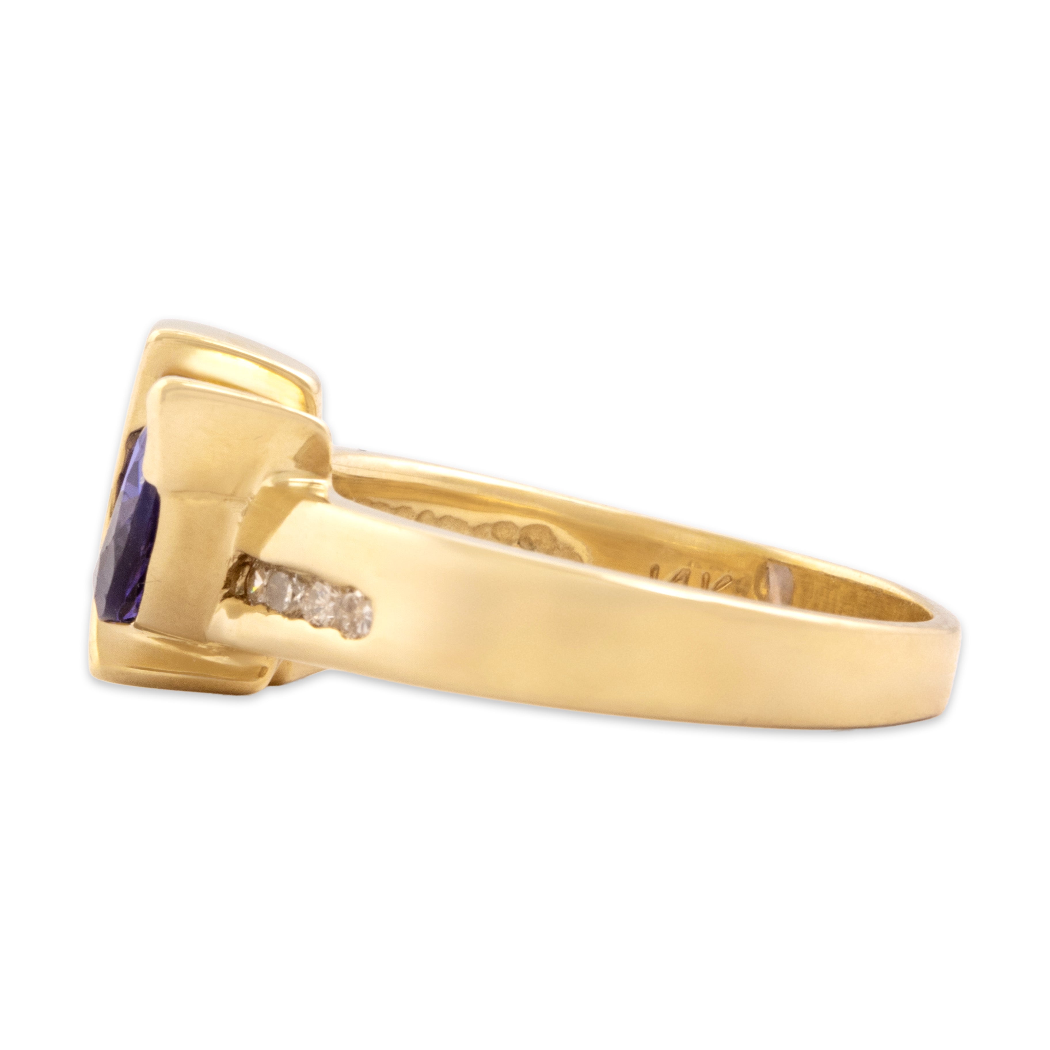 Vintage 14k Yellow Gold .94ct Tanzanite Diamond Funky Diagonal Pear Ring - Side view