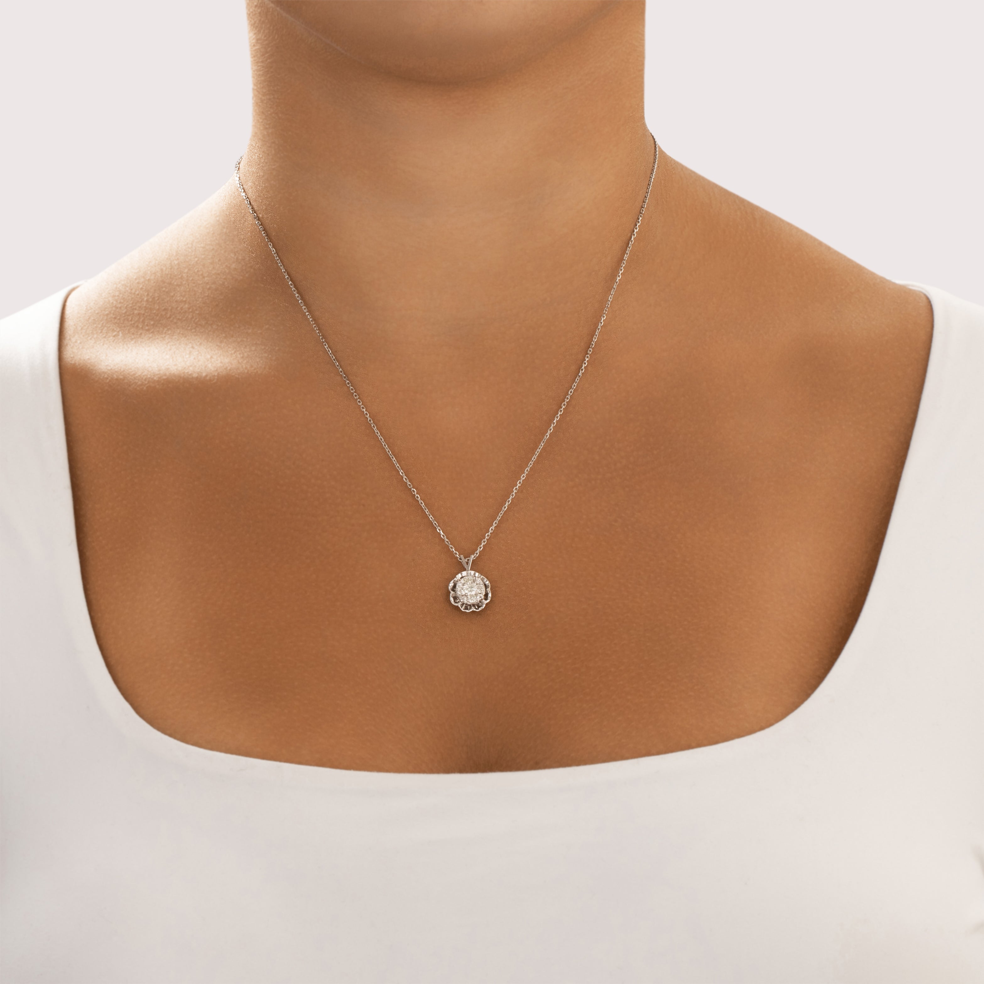 Vintage 14k White Gold Diamond Glittering Ruffled Cluster Pendant - On model view