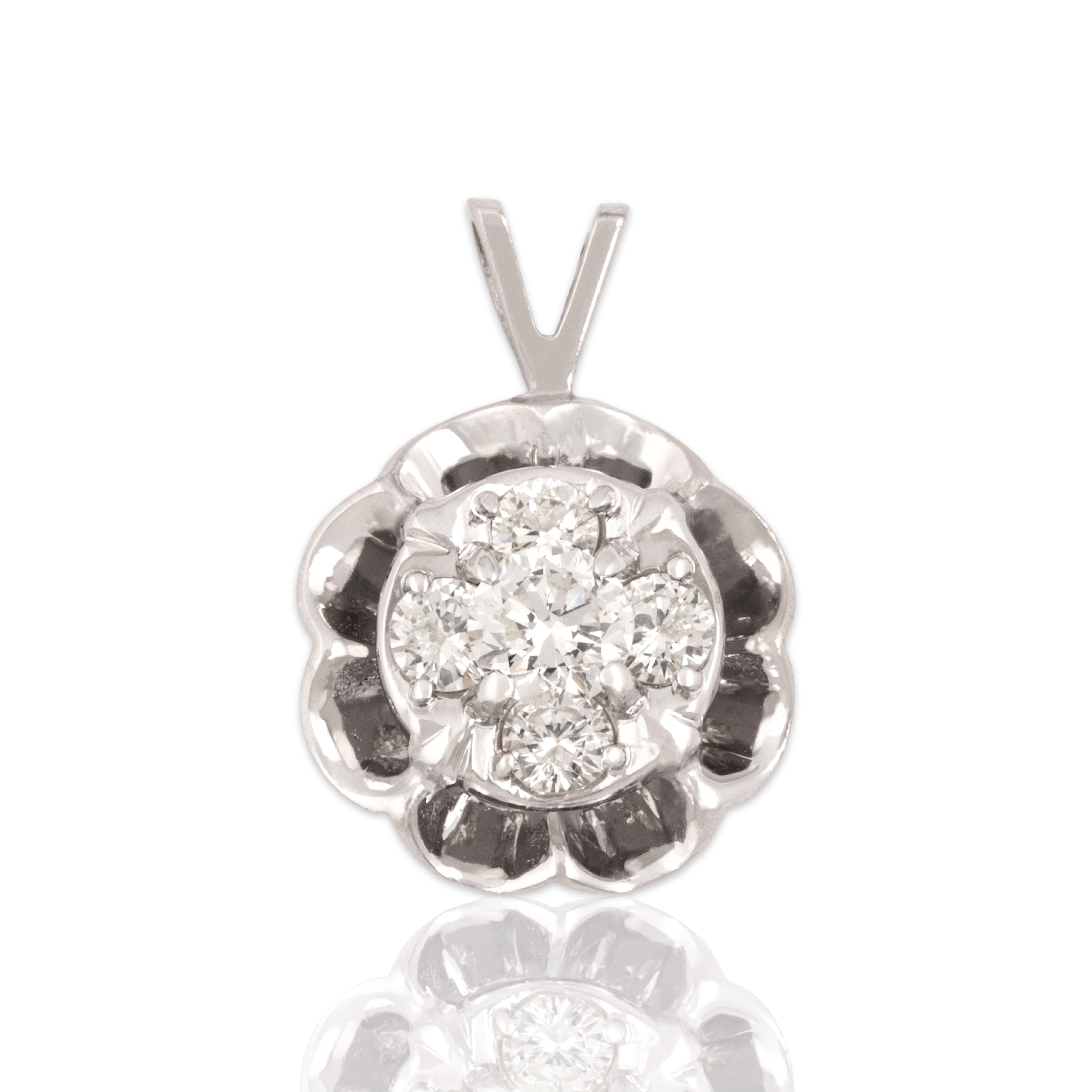 Vintage 14k White Gold Diamond Glittering Ruffled Cluster Pendant - Close-up view