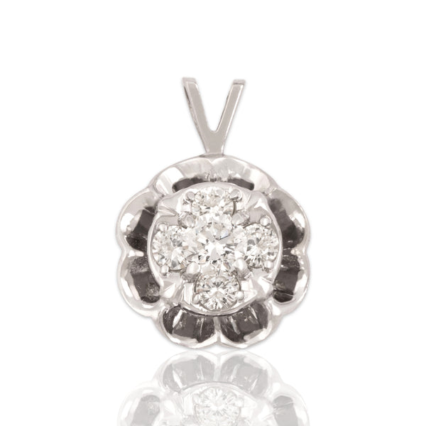 Vintage 14k White Gold Diamond Glittering Ruffled Cluster Pendant