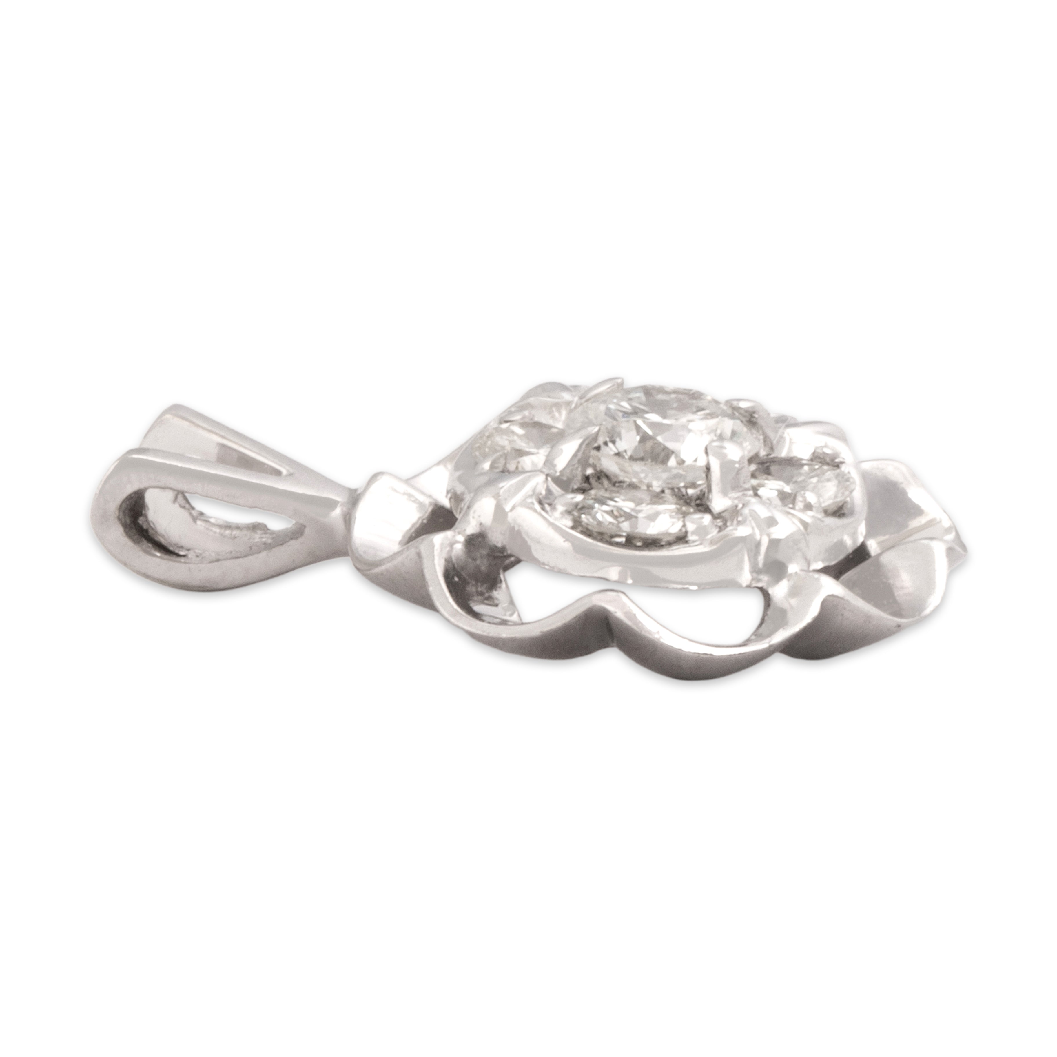 Vintage 14k White Gold Diamond Glittering Ruffled Cluster Pendant - Side view