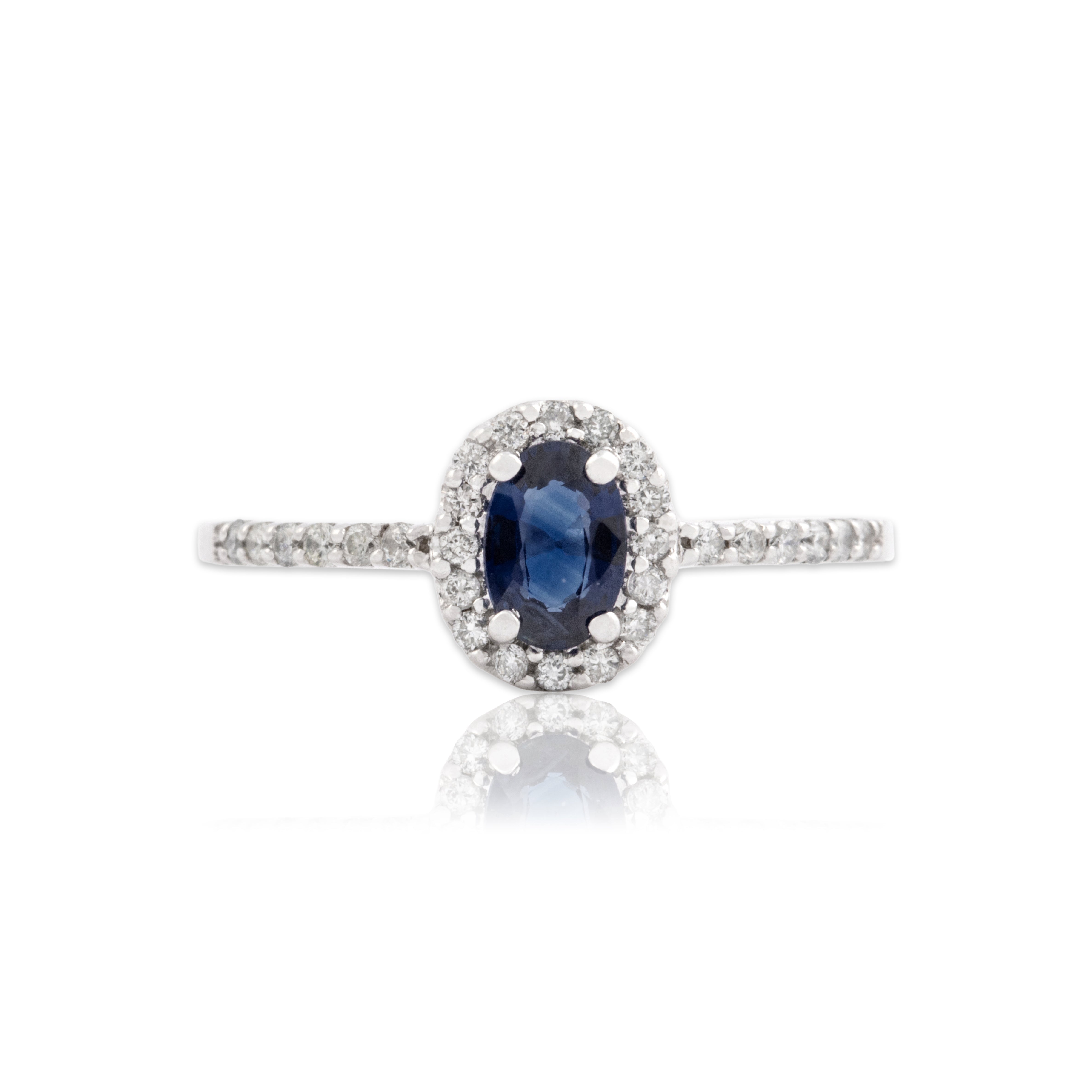 Vintage 14k White Gold Blue Sapphire Diamond Dazzling Classic Oval Halo Ring 6.25