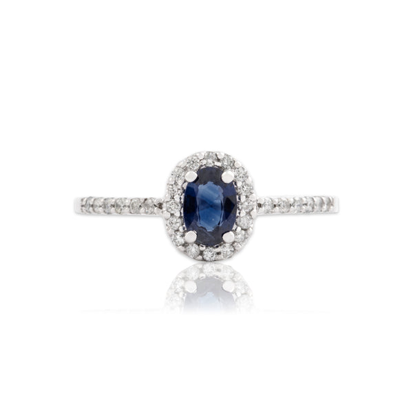 Vintage 14k White Gold Blue Sapphire Diamond Dazzling Classic Oval Halo Ring 6.25