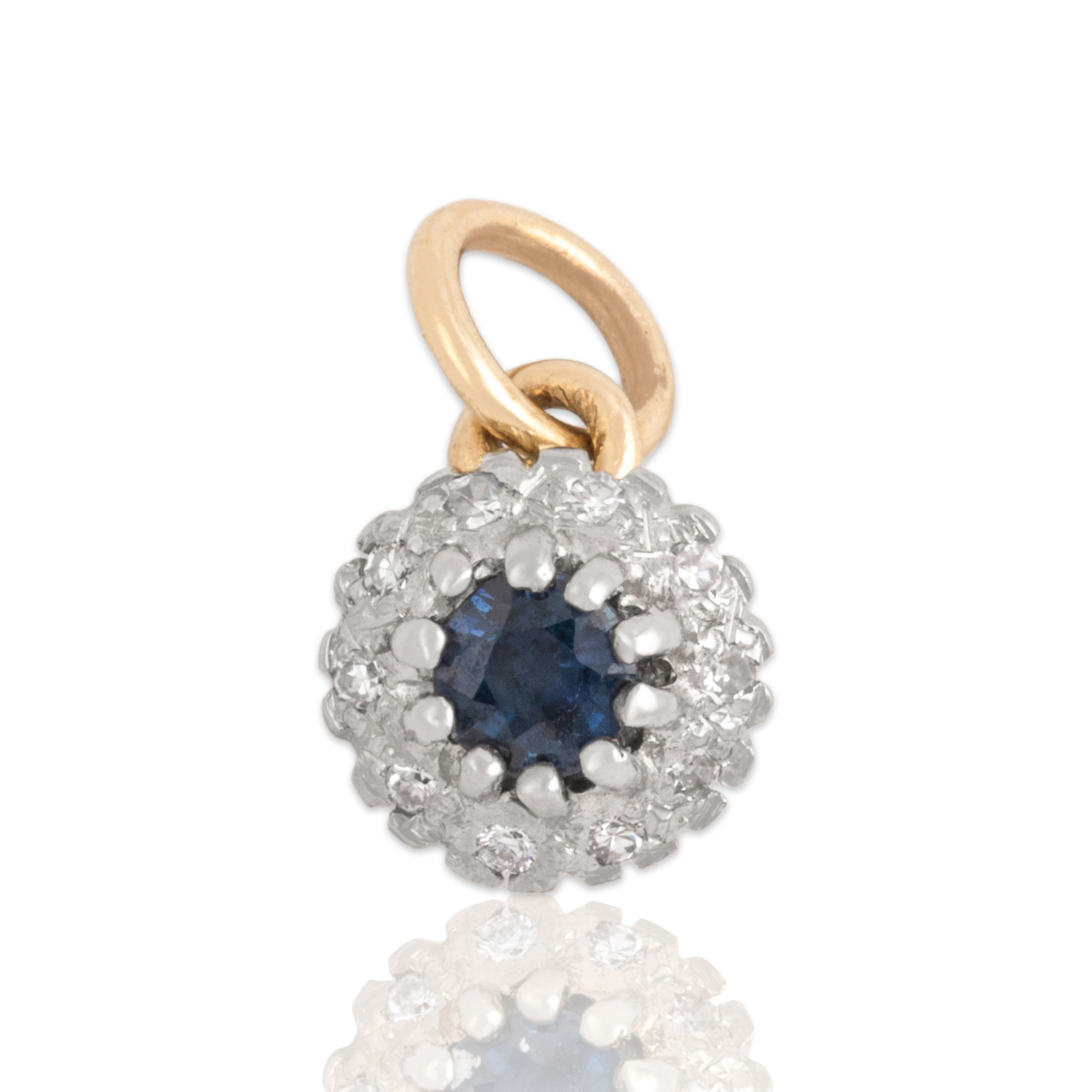 Vintage 10k Yellow & White Gold Blue Sapphire Diamond Dainty Halo Charm / Pendant