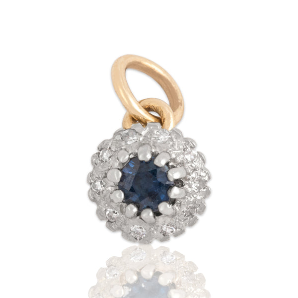 Vintage 10k Yellow & White Gold Blue Sapphire Diamond Dainty Halo Charm / Pendant