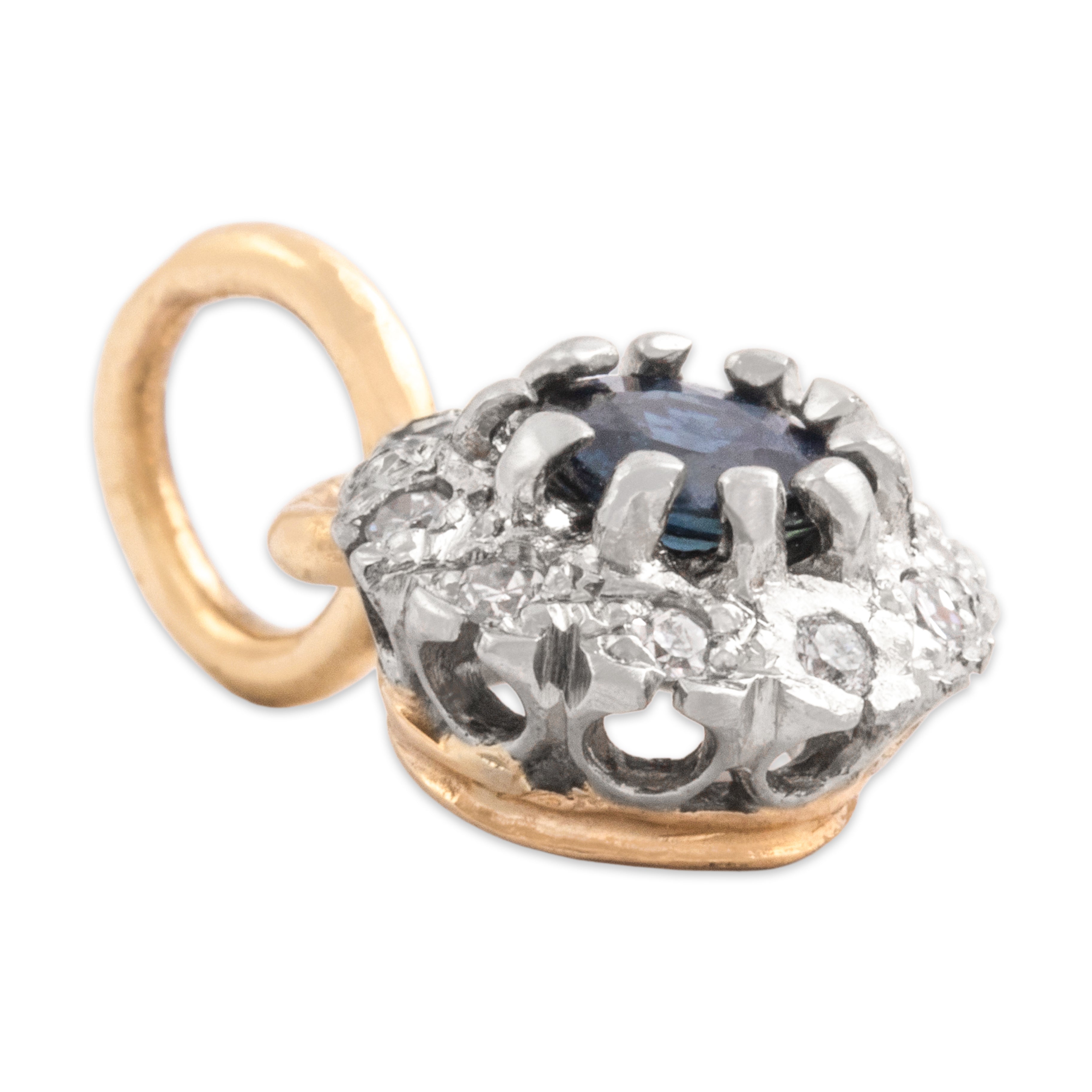 Vintage 10k Yellow & White Gold Blue Sapphire Diamond Dainty Halo Charm / Pendant