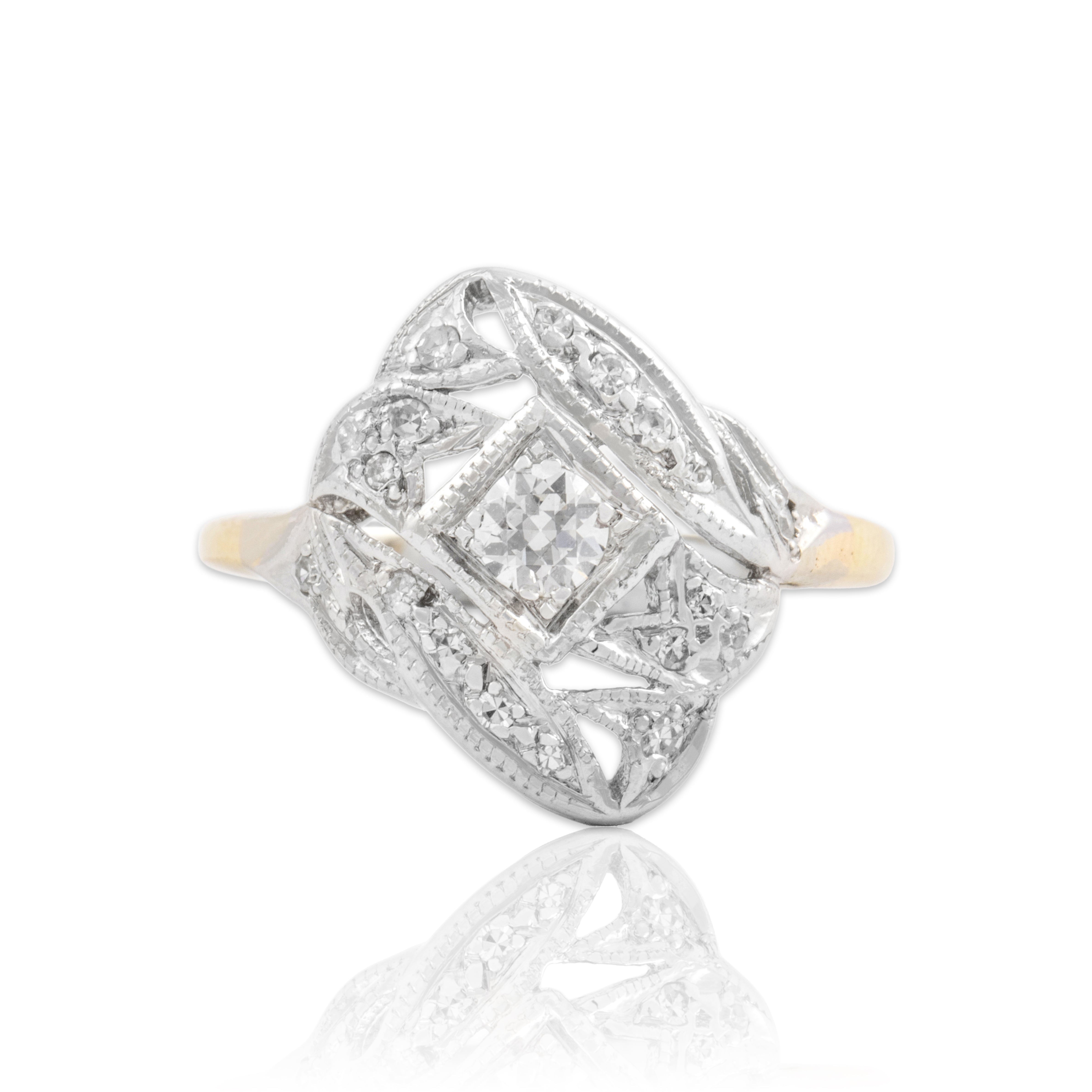 Vintage 14k White & Yellow Gold Old European Cut Diamond Art Deco Style Freeform Openwork Ring - Close-up view