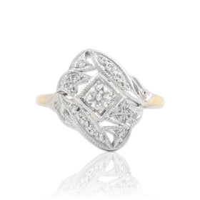 Vintage 14k White & Yellow Gold Old European Cut Diamond Openwork Ring 7.25