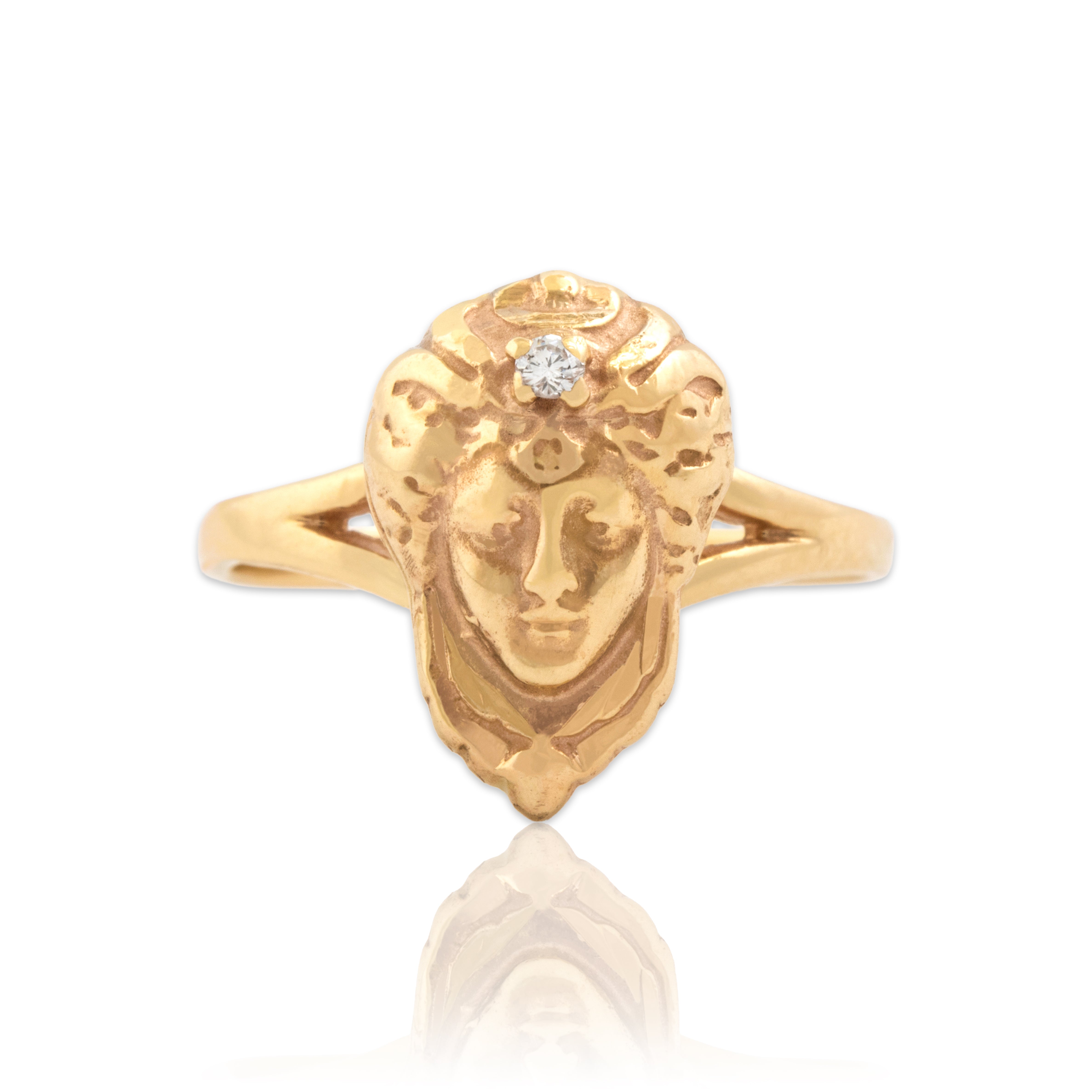 Vintage 14k Yellow Gold Diamond Ornate Goddess Split Shank Ring - Close-up view