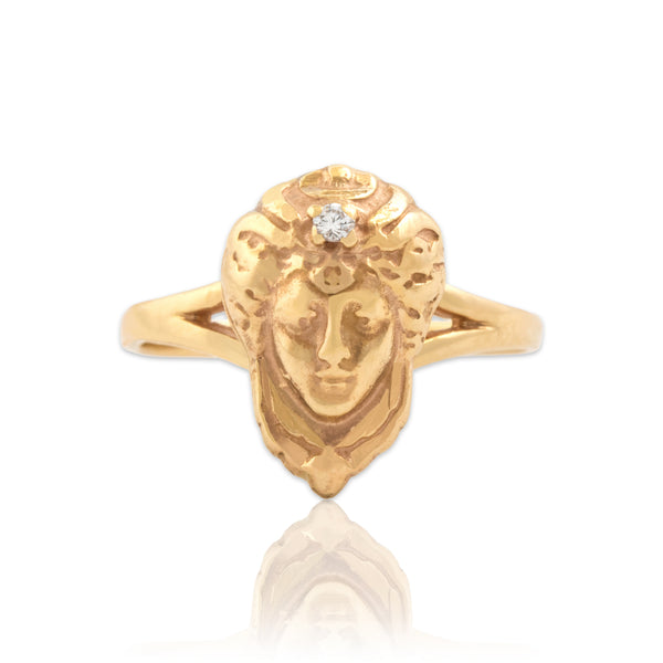 Vintage 14k Yellow Gold Diamond Ornate Goddess Split Shank Ring 5.25