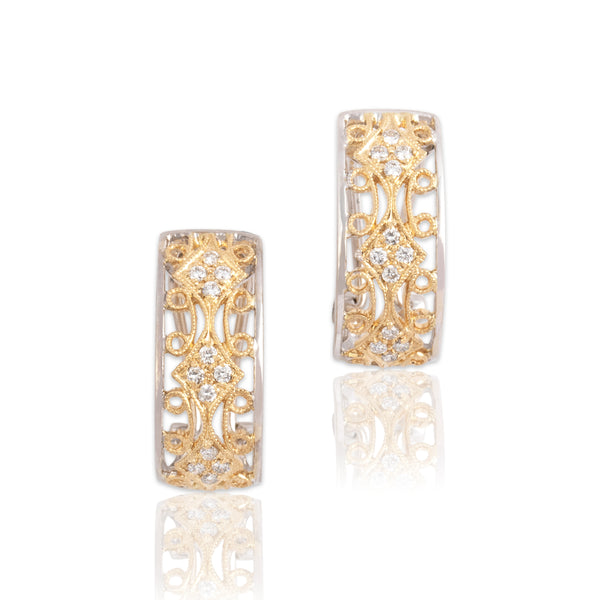 Vintage 14k Yellow & White Gold Diamond Ornate Scroll Detail Omega-Back Earrings