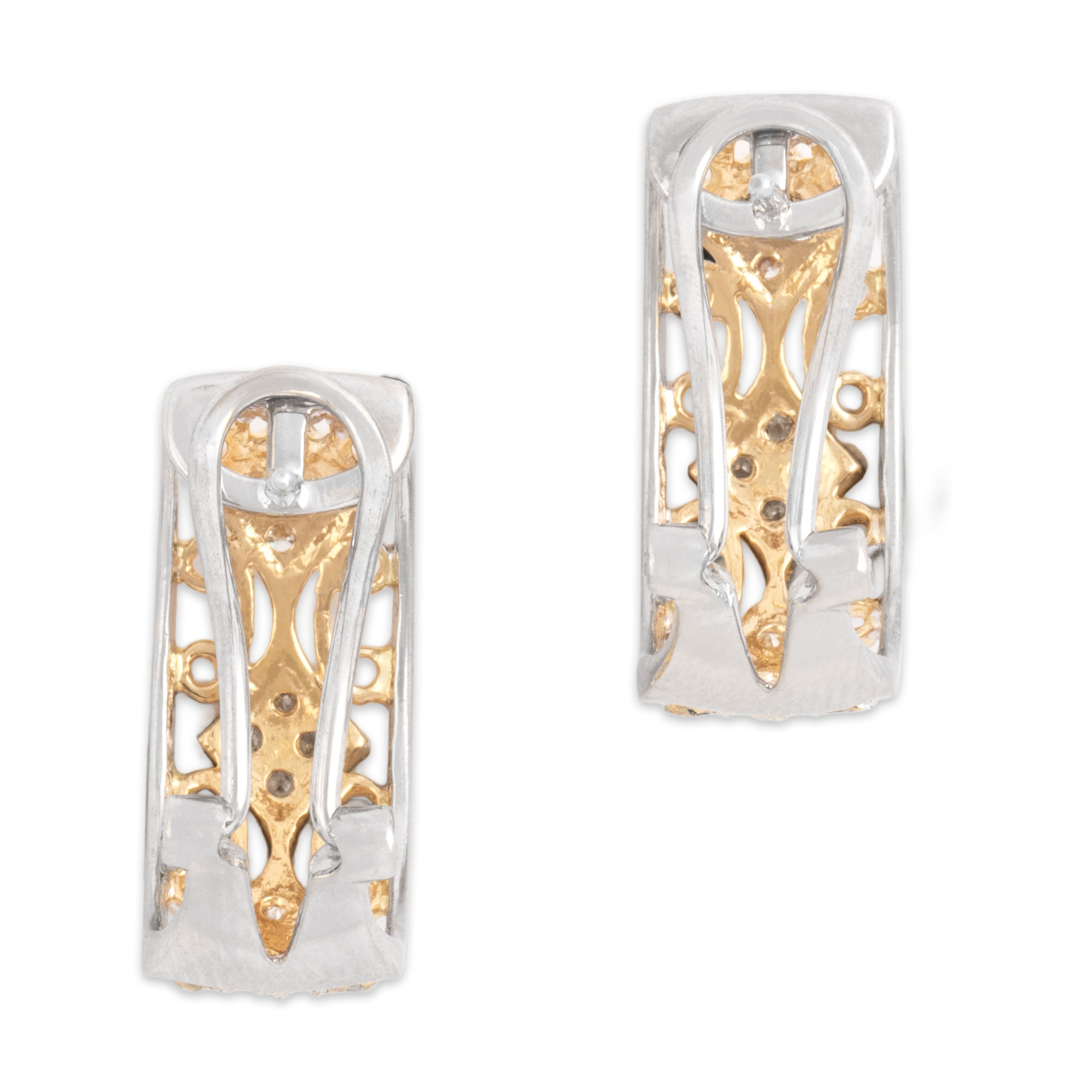Vintage 14k Yellow & White Gold Diamond Ornate Scroll Detail Omega-Back Earrings