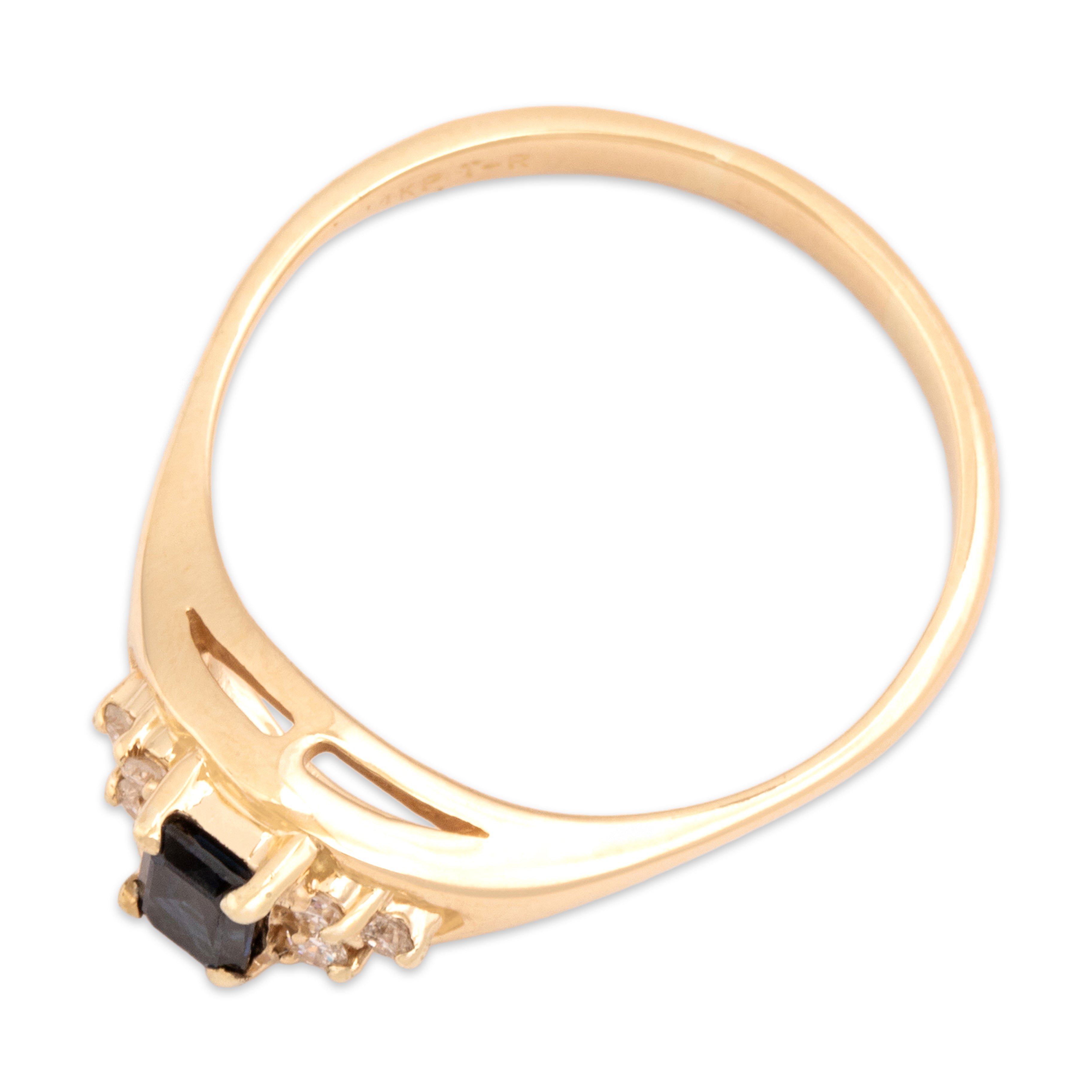 Vintage 14k Yellow Gold Blue Sapphire Diamond Dimensional Trio Shoulder Ring - Overall view