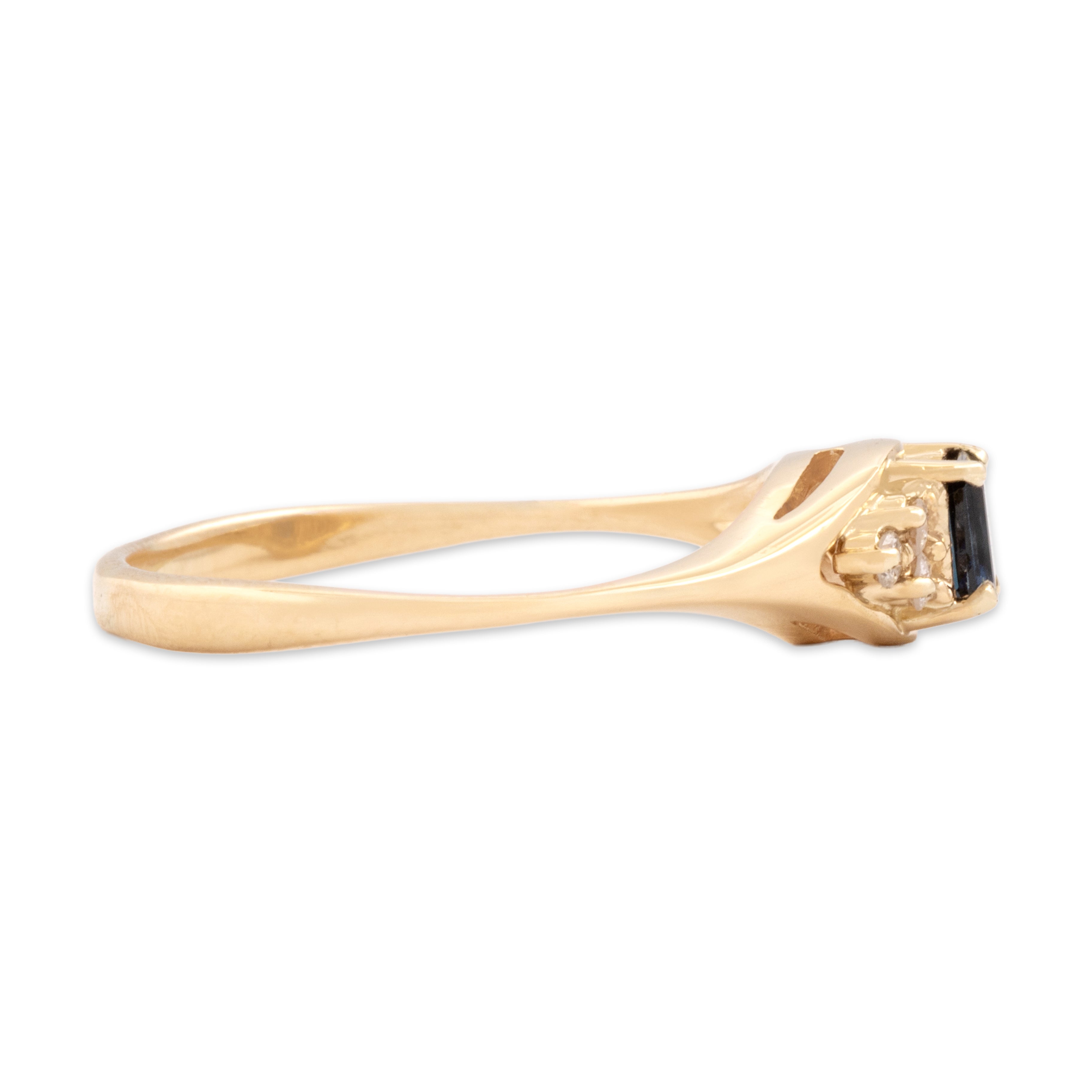 Vintage 14k Yellow Gold Blue Sapphire Diamond Dimensional Trio Shoulder Ring - Side view